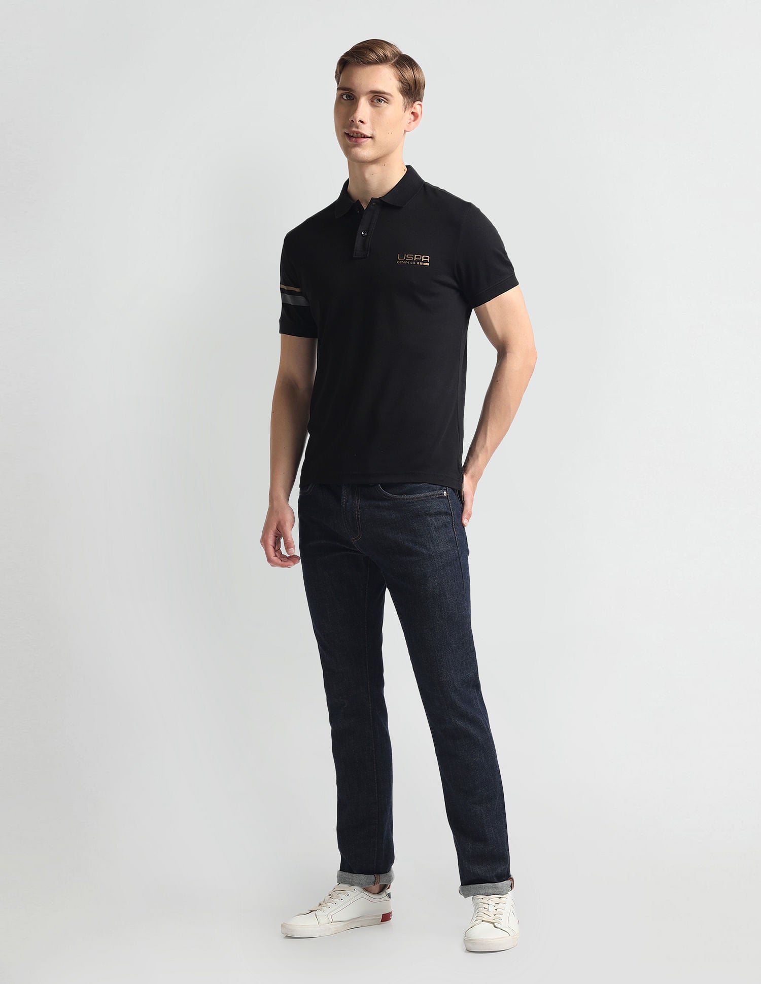 Ribbed Collar Solid Polo Shirt Black - U.S. Polo Assn. India | Large