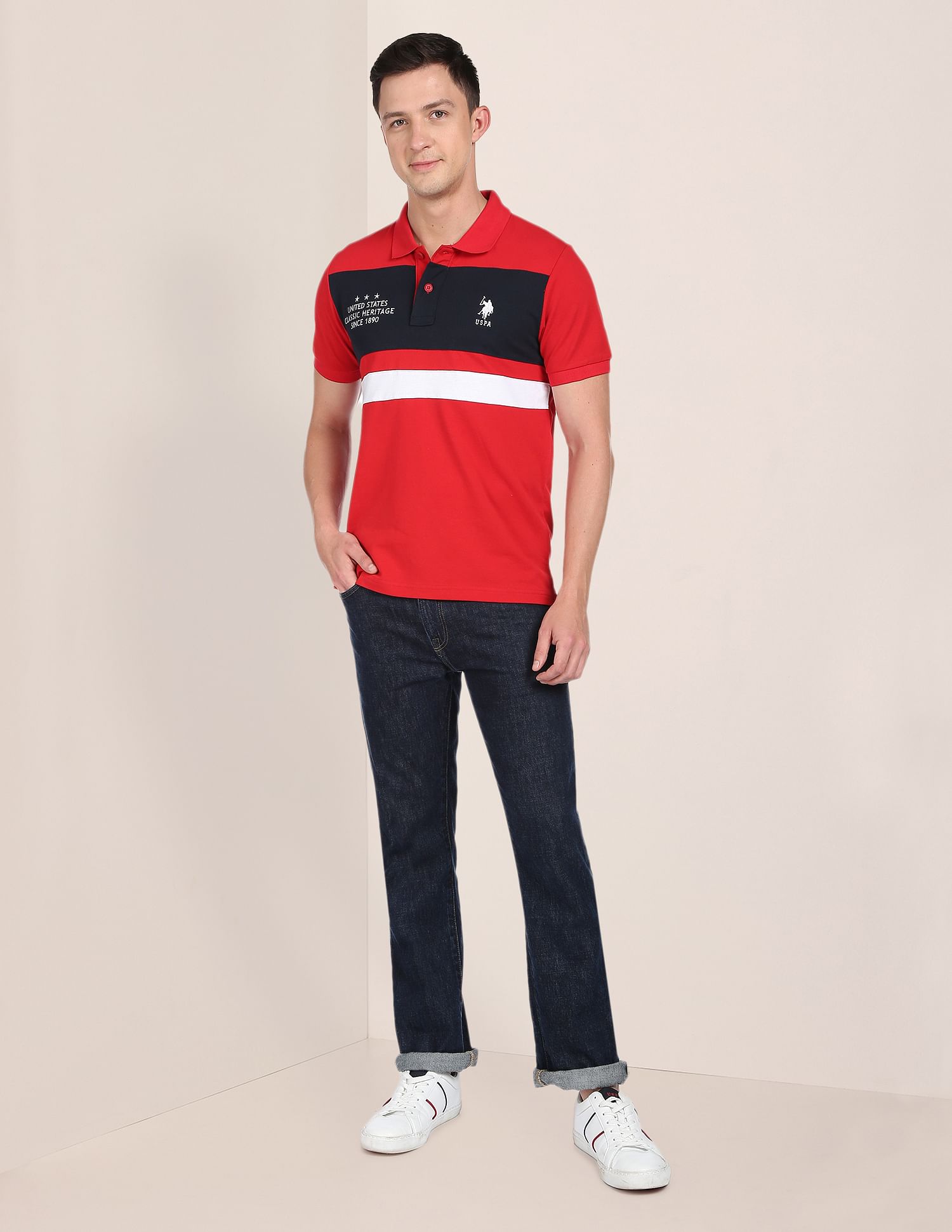 Colour Block Cotton Polo Shirt Red - U.S. POLO ASSN. | Large