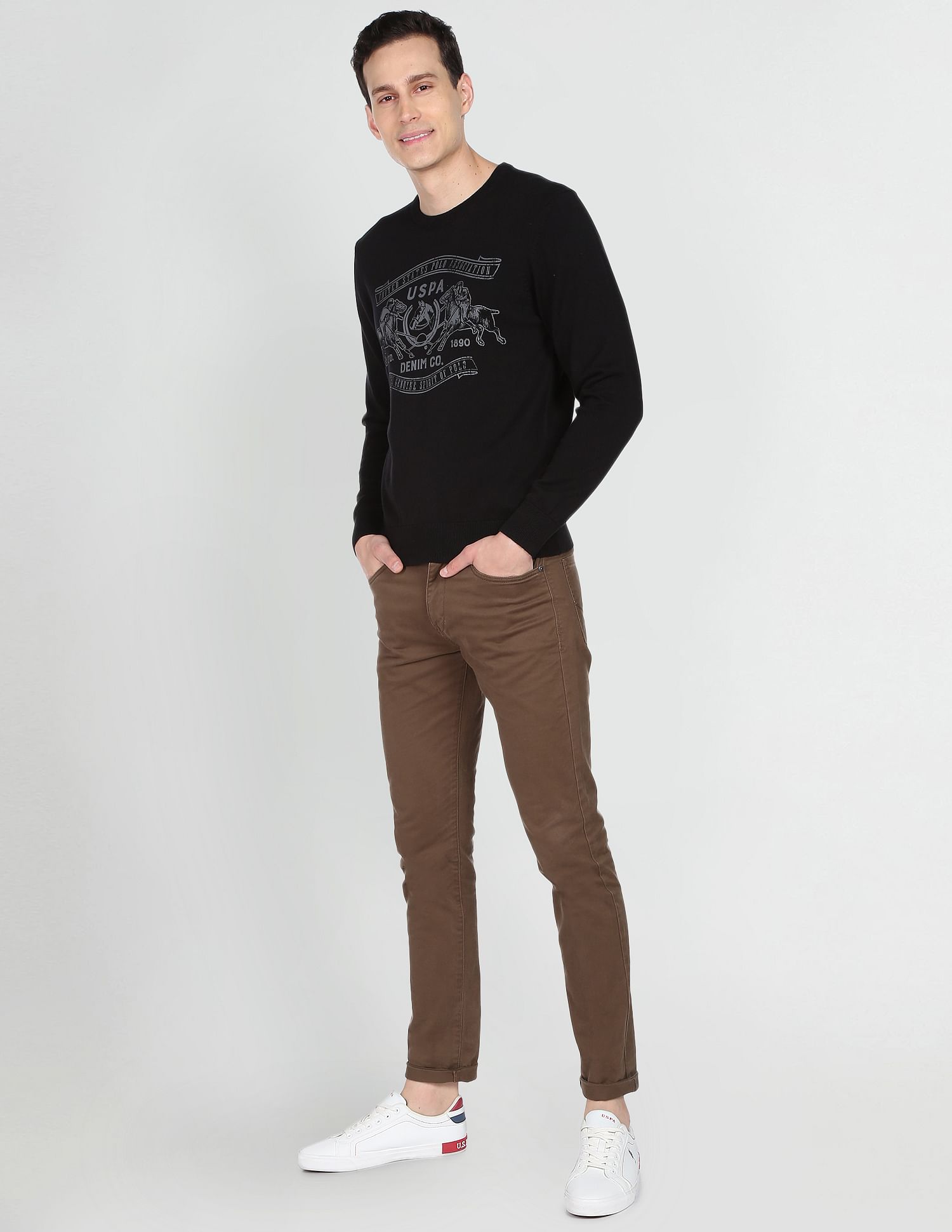 Men Black Crew Neck Graphic Print Cotton Sweater Black - U.S. POLO ASSN. | Large