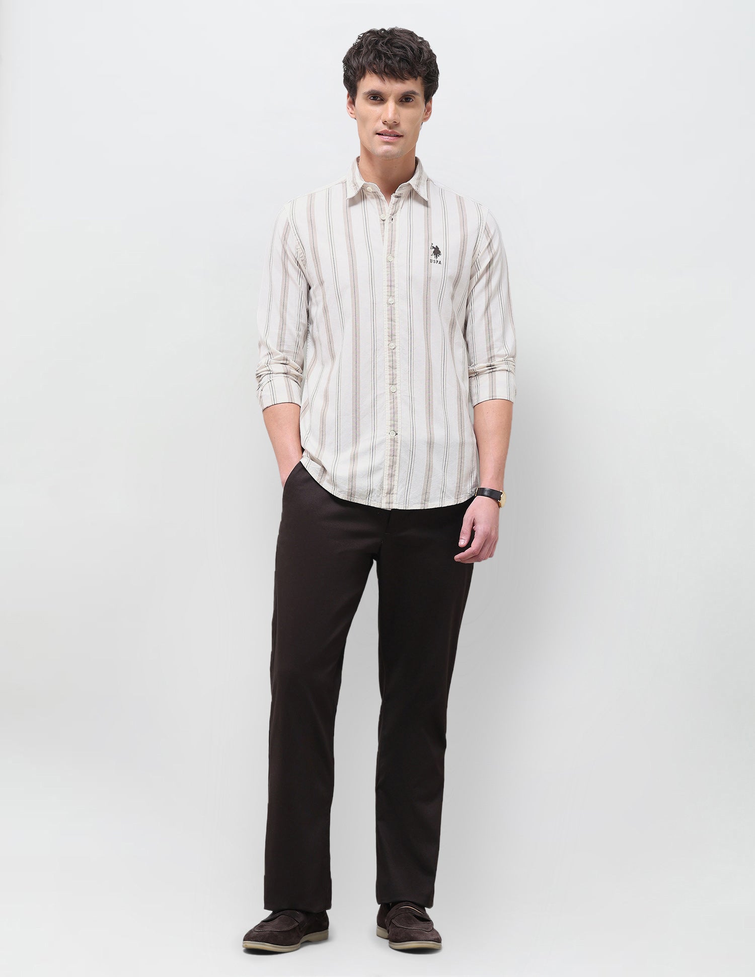 Vertical Striped Regular Fit Shirt Beige - U.S. Polo Assn. India | Large