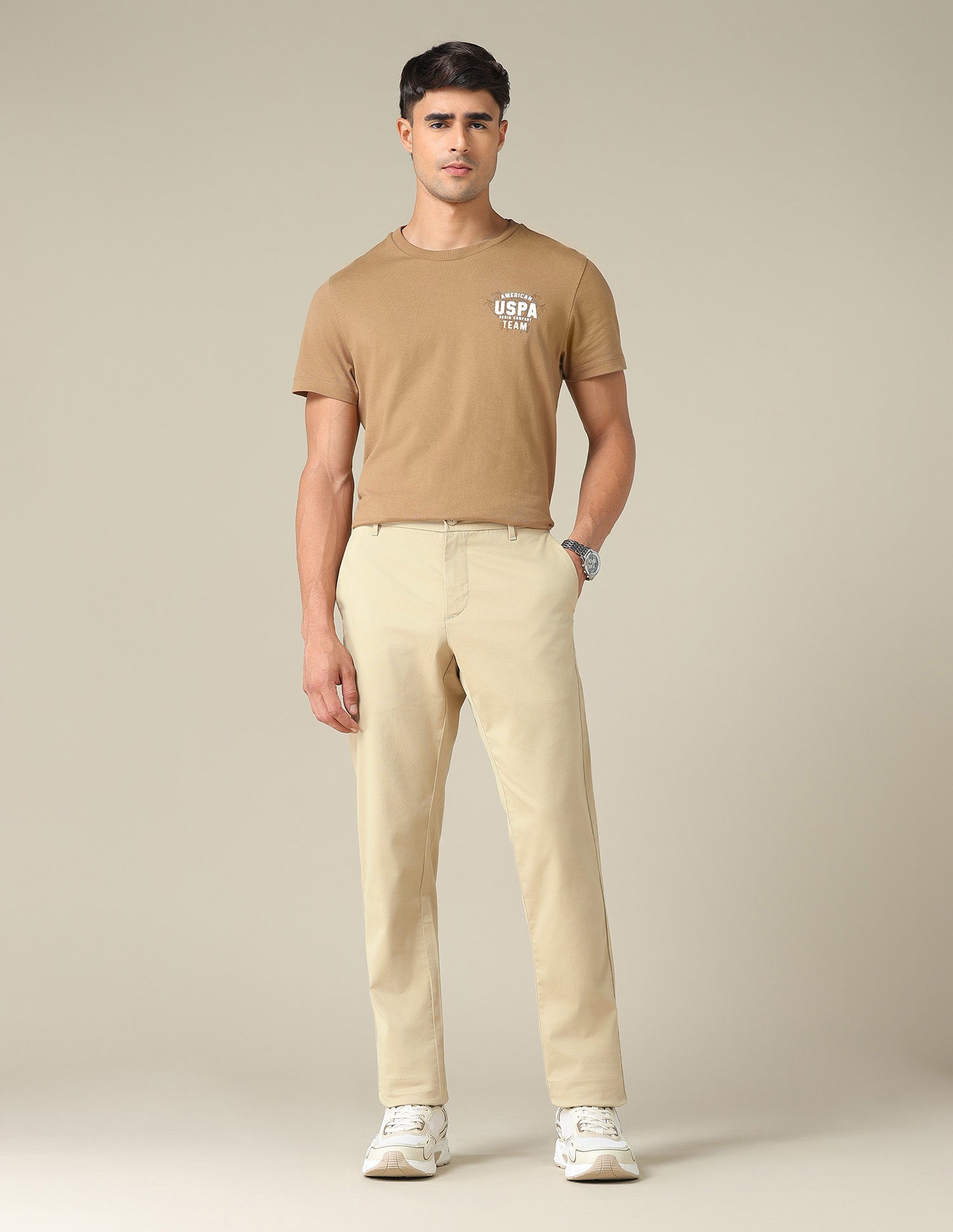 Denver Slim Fit Dobby Trousers Beige - U.S. POLO ASSN. | Large