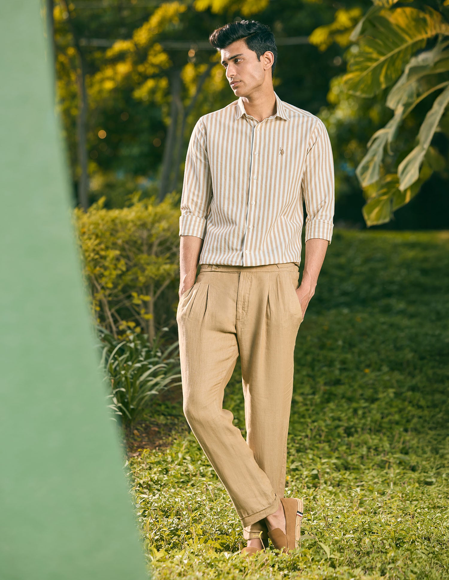 Pacho X Vertical Stripe Cotton Linen Shirt Beige - U.S. POLO ASSN. | Large