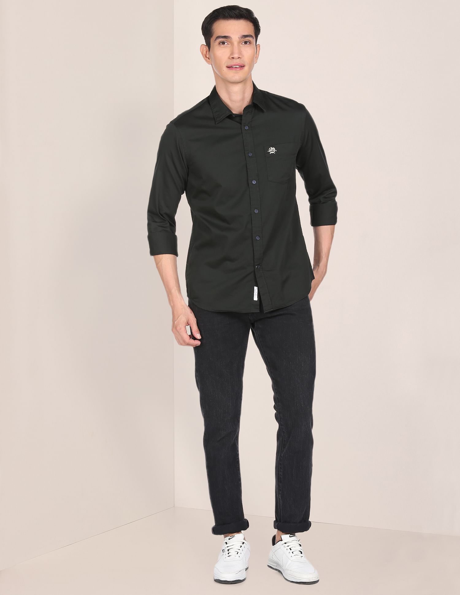 Tailored Regular Fit Solid Casual Shirt Dark Green - U.S. Polo Assn. India | Large