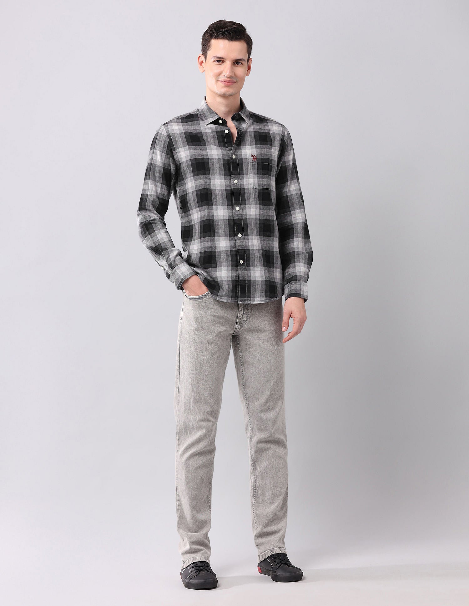 Tartan Checked Herringbone Shirt Grey - U.S. POLO ASSN. | Large