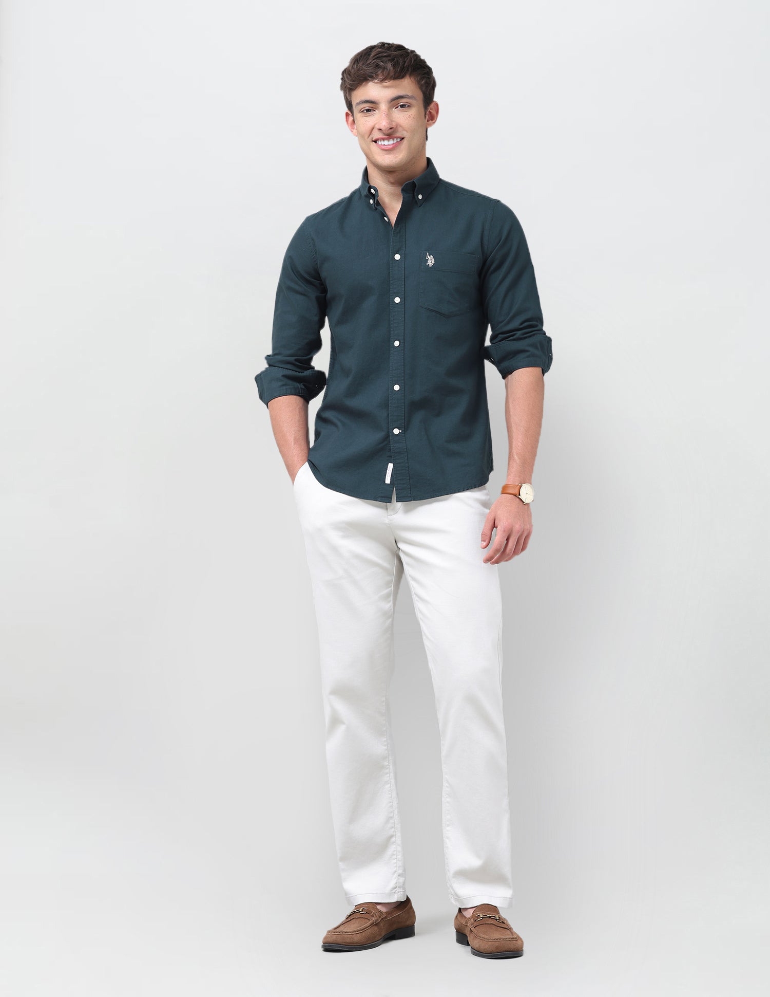 Tailored Fit Oxford Button Down Shirt Teal - U.S. Polo Assn. India | Large