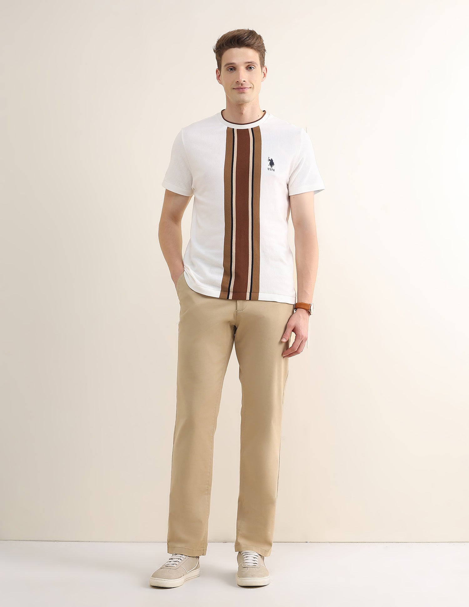 Vertical Striped Slim Fit T-Shirt Off White - U.S. Polo Assn. India | Large
