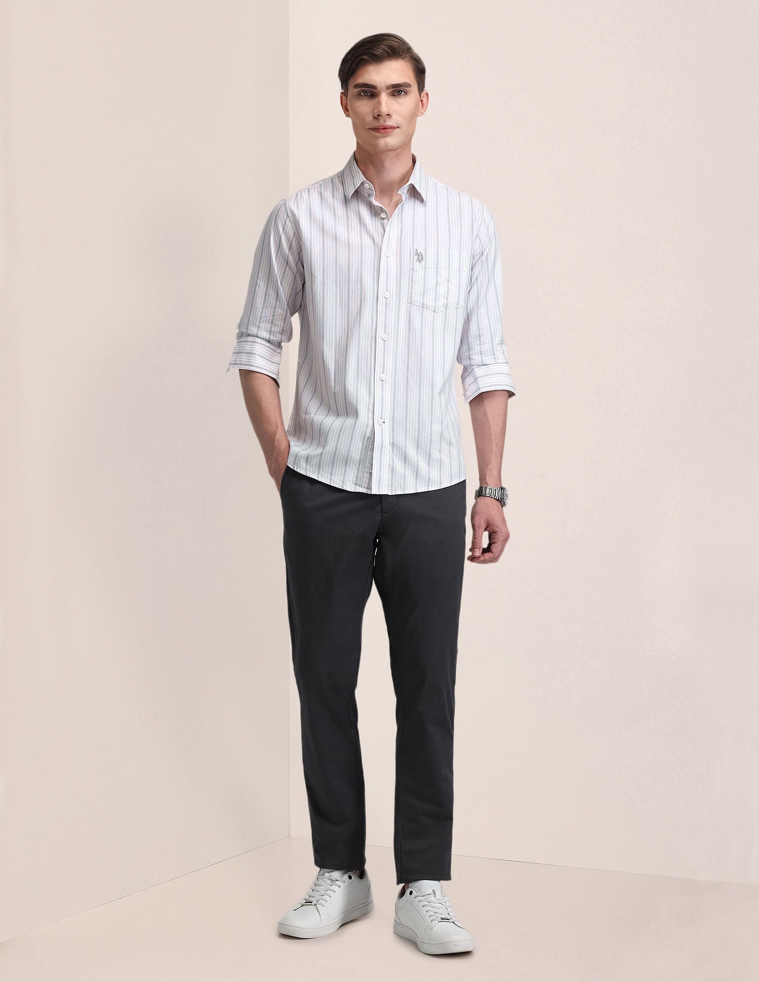 Vertical Striped Tailored Fit Shirt Light Pink and Grey - U.S. Polo Assn. India | Large