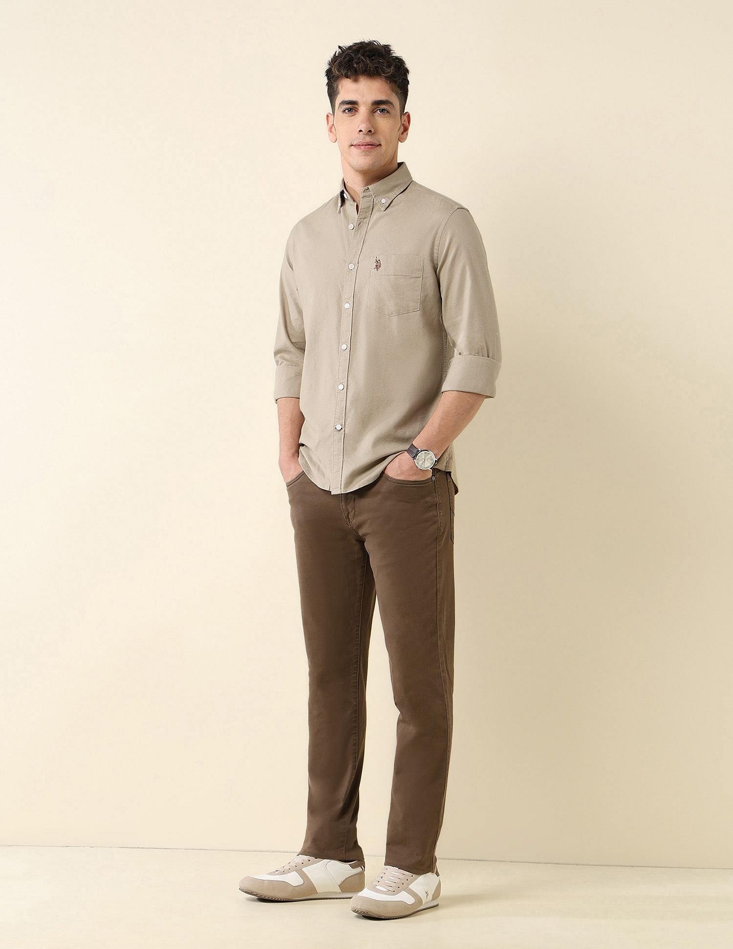 Oxford Stretch Button Down Shirt Light Khaki - U.S. Polo Assn. India | Large