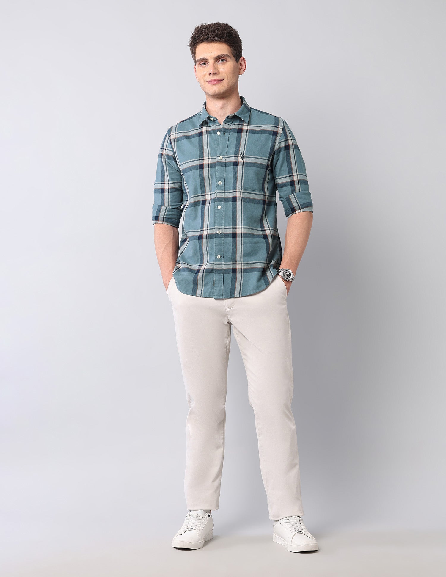 Grid Tattersall Checked Twill Shirt Teal - U.S. POLO ASSN. | Large