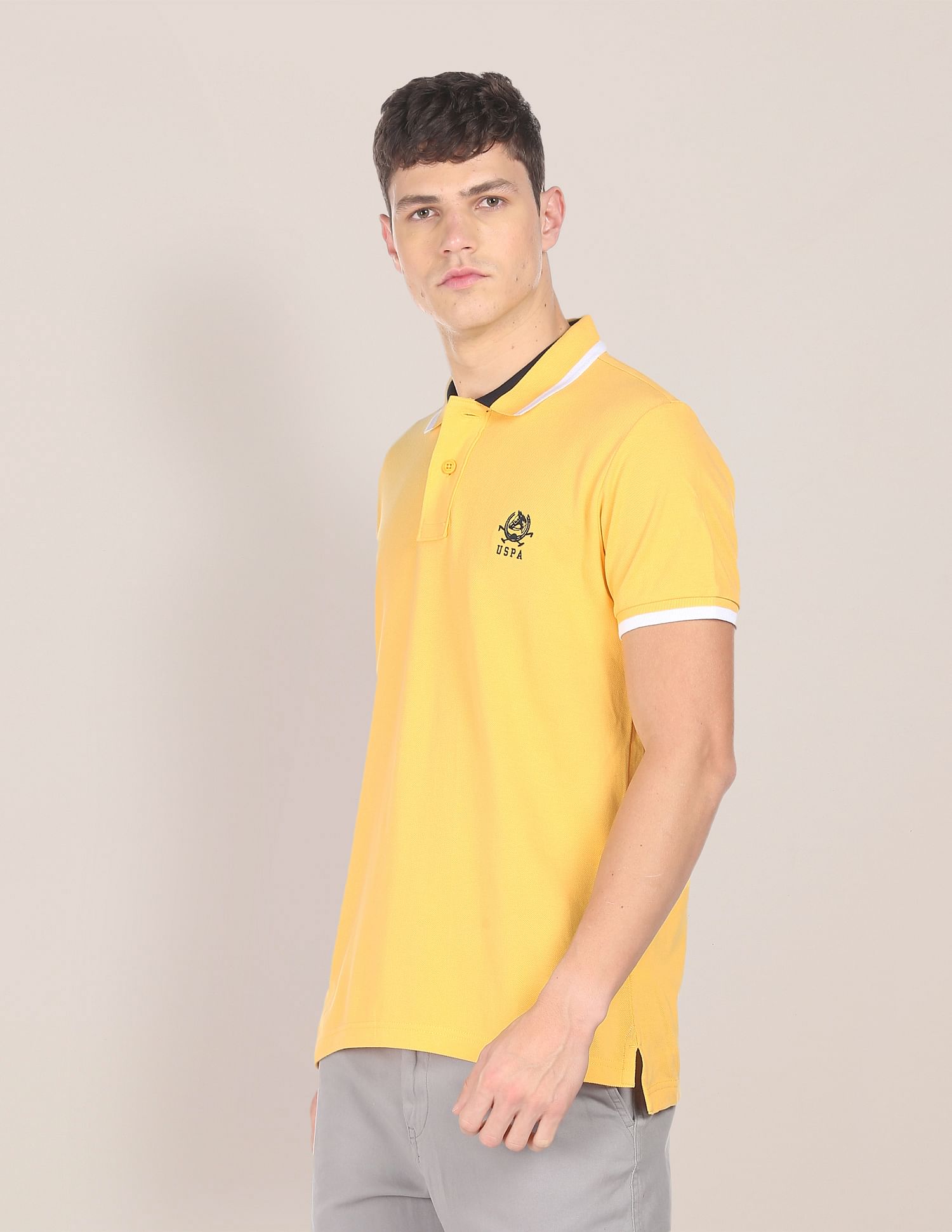 Men Yellow Cotton Solid Polo Shirt Yellow - U.S. Polo Assn. India | Large