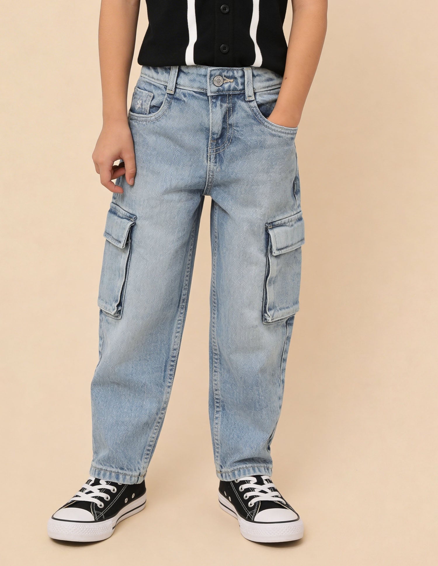 Stone Washed Baggy Fit Cargo Jeans Light Blue - U.S. Polo Assn. India | Large