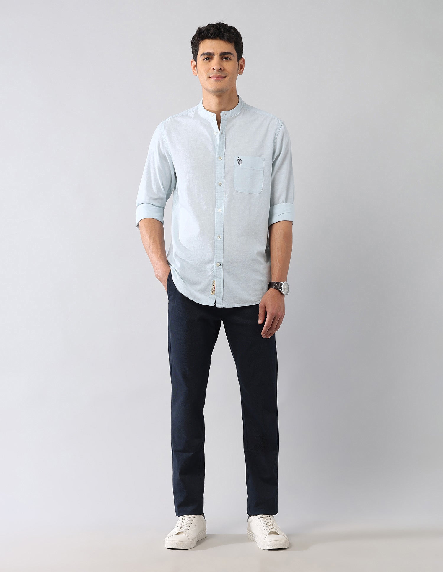 Solid Regular Fit Mandarin Shirt Aqua - U.S. Polo Assn. India | Large