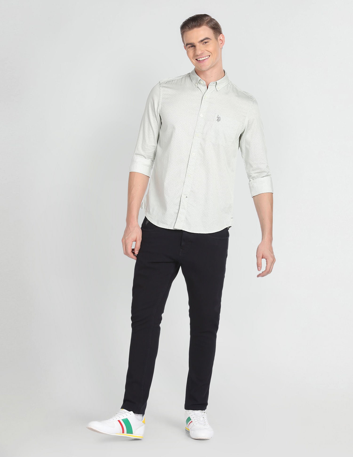 Button Down Collar Geometric Print Shirt Ivory and Green - U.S. Polo Assn. India | Large