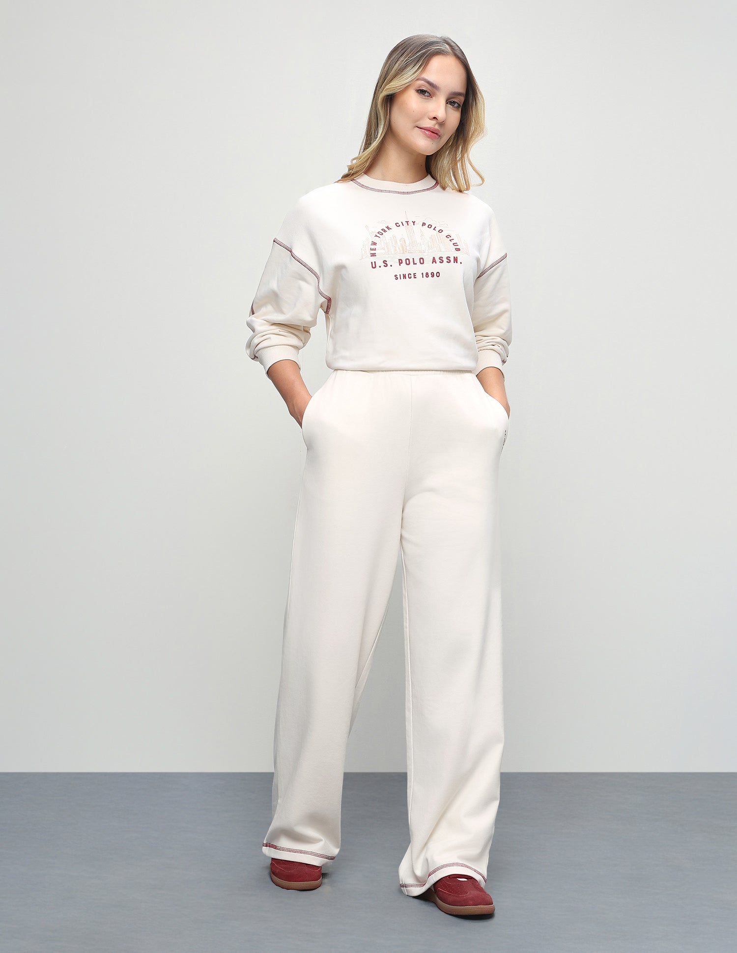 High Rise Wide Leg Knit Trousers Ecru - U.S. Polo Assn. India | Large