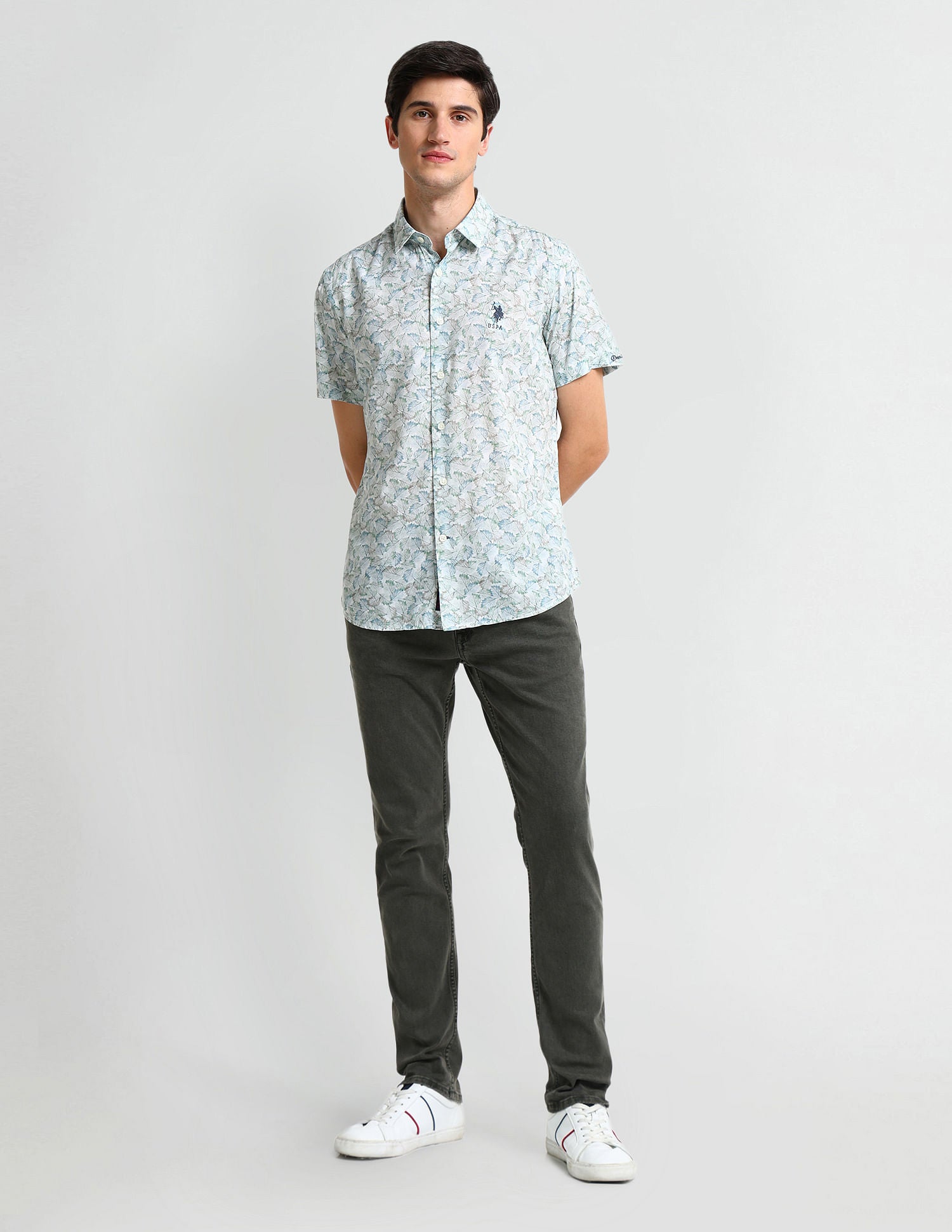Tropical Print Slim Fit Shirt White and Aqua - U.S. Polo Assn. India | Large