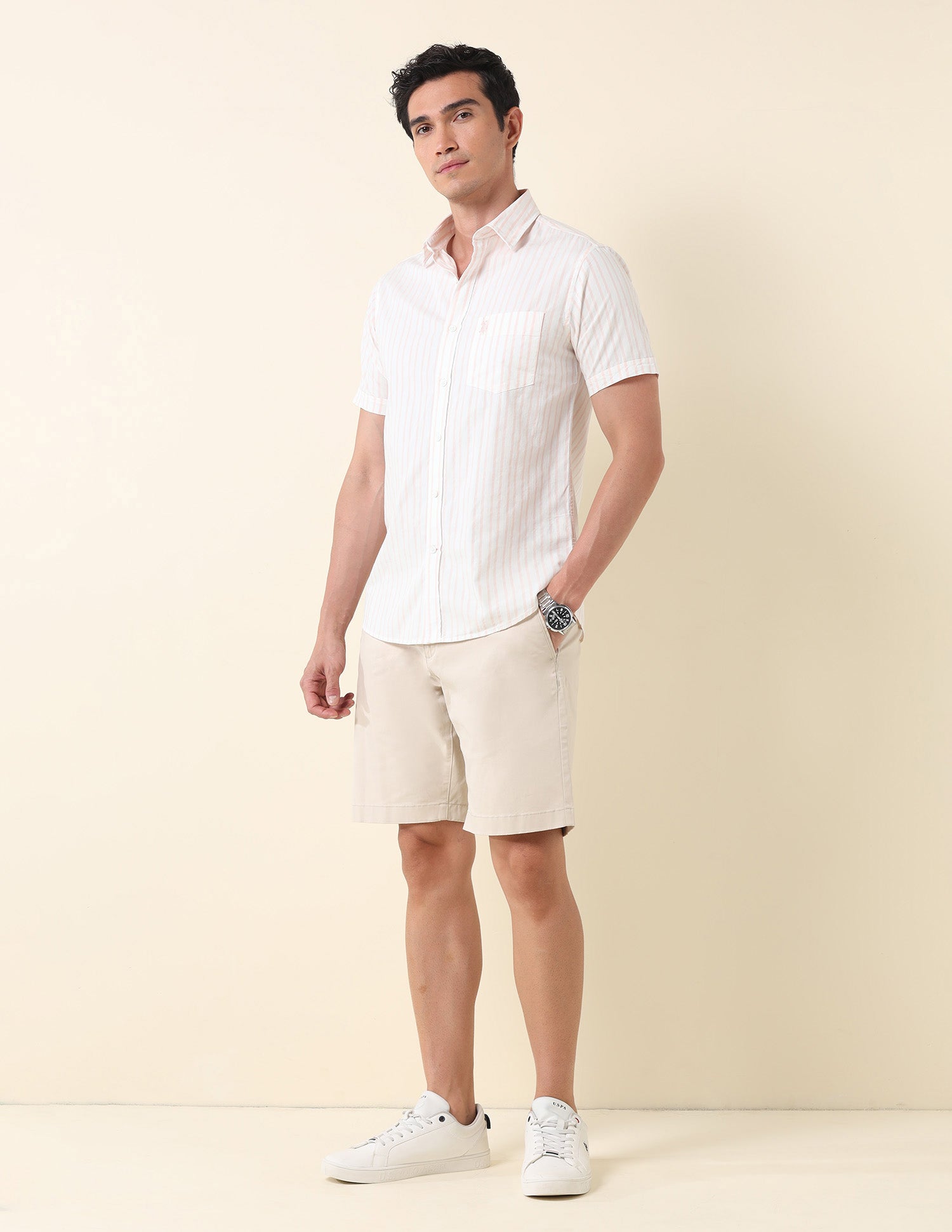 Vertical Striped Tailored Fit Shirt Peach - U.S. Polo Assn. India | Large