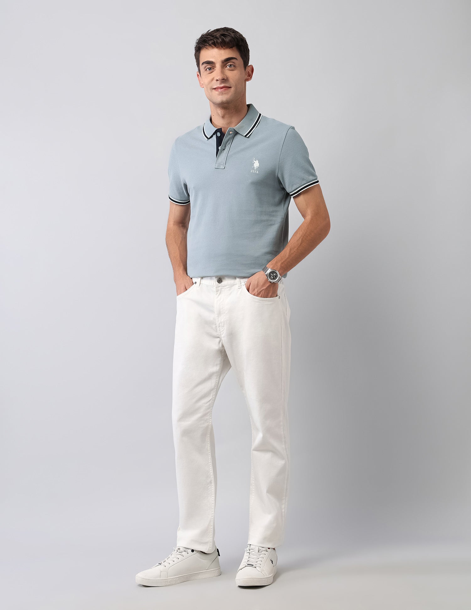 Pure Cotton Muscle Fit Polo Shirt Light Grey - U.S. Polo Assn. India | Large