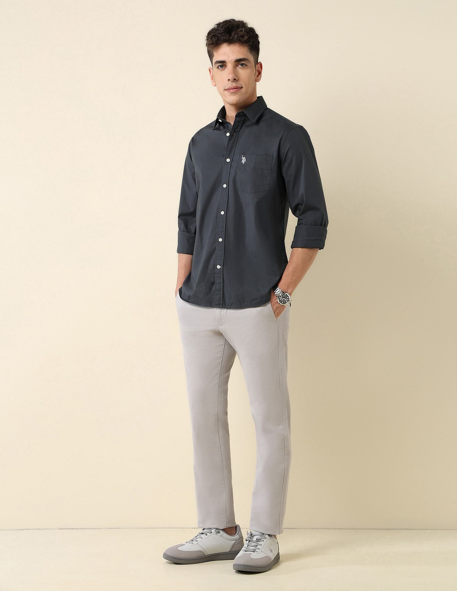 Poplin Solid Stretch Shirt Grey - U.S. Polo Assn. India | Large