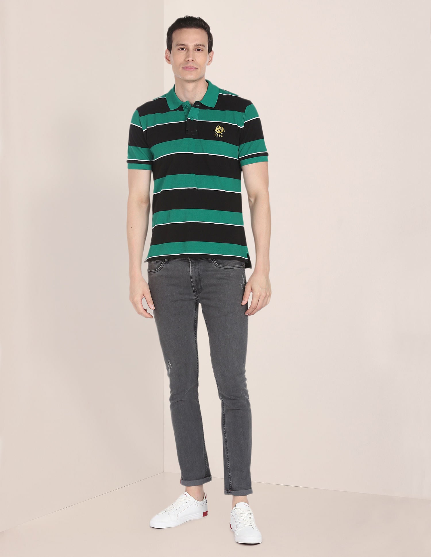Horizontal Stripe Pique Knit Cotton Polo Shirt Green - U.S. Polo Assn. India | Large
