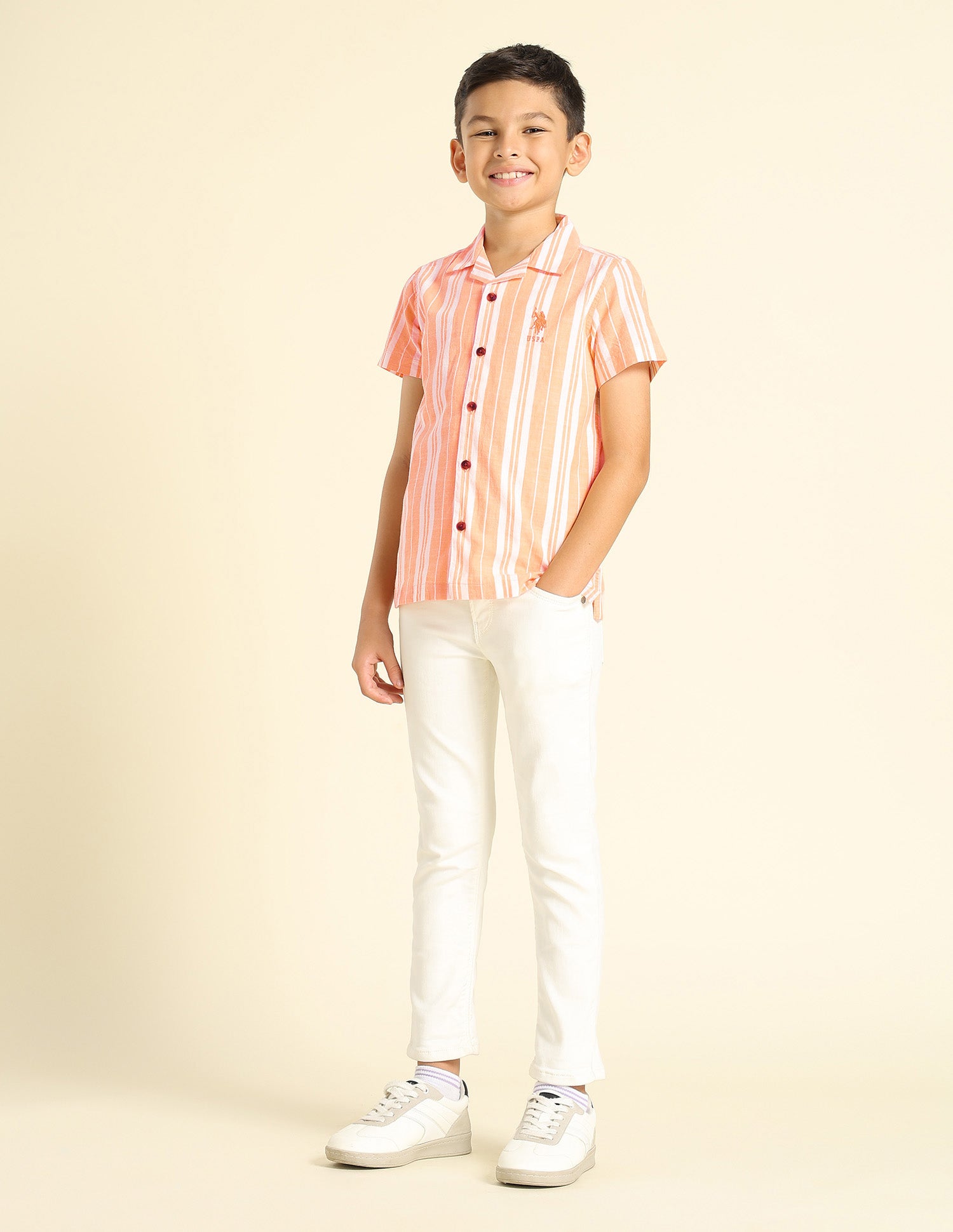 Boys Vertical Striped Cuban Shirt Orange - U.S. POLO ASSN. | Large
