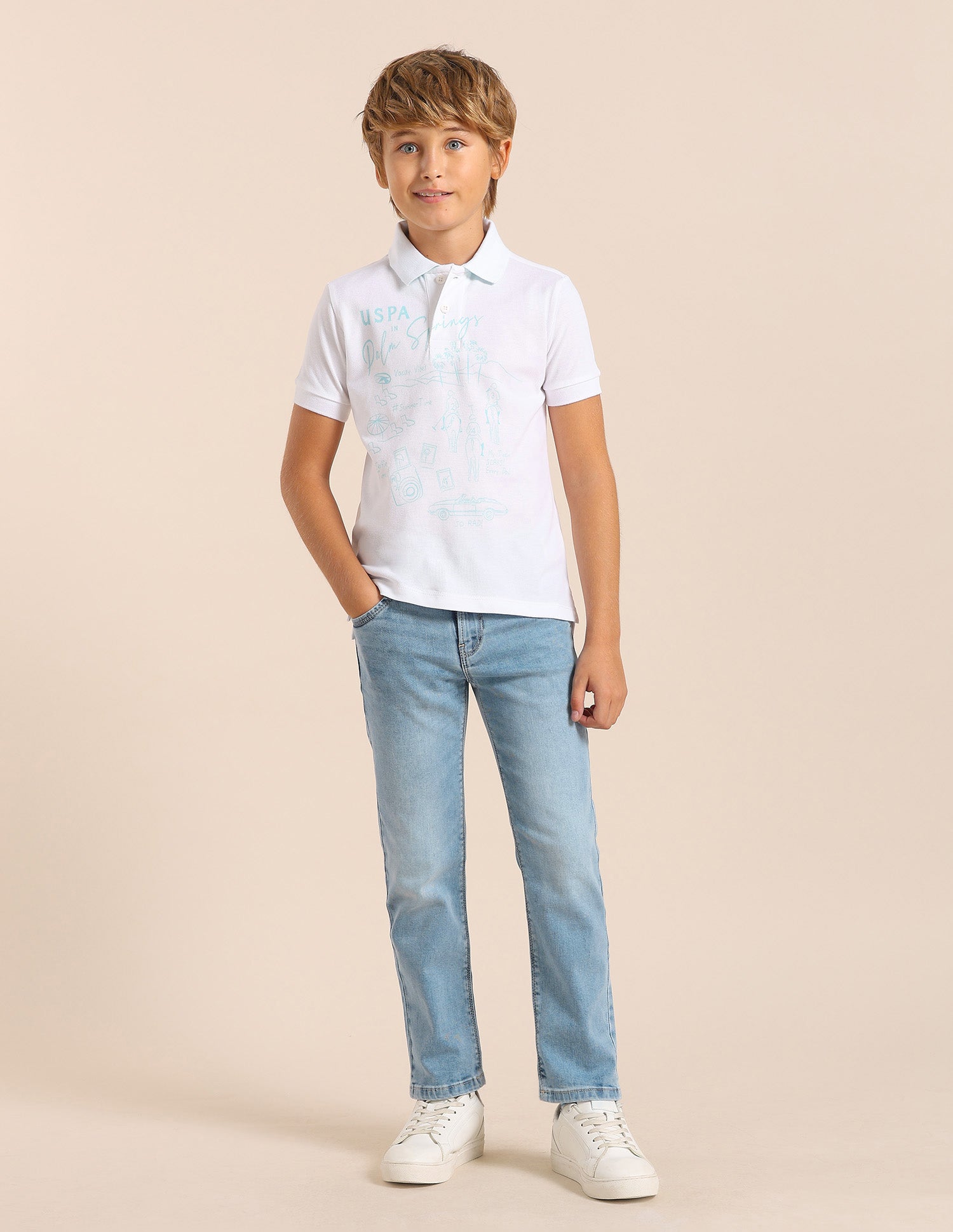 Boys Graphic Printed Regular Fit Polo T shirt White - U.S. POLO ASSN. | Large