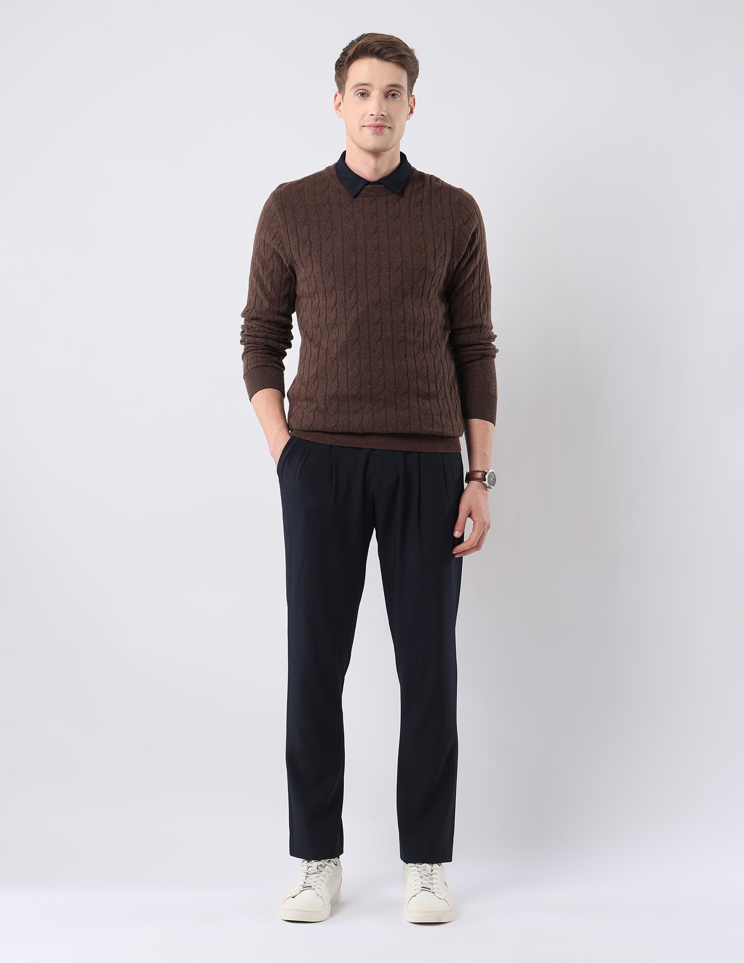 Cable Patterned Knit Regular Fit Sweater Brown - U.S. POLO ASSN. | Large