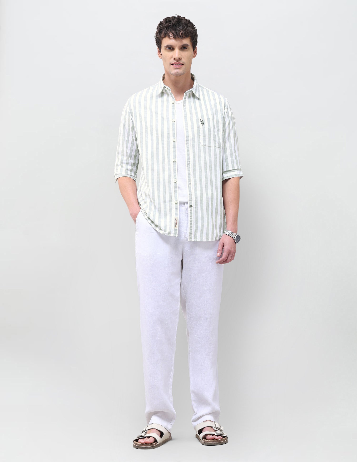 Vertical Striped Regular Fit Shirt Light Green - U.S. Polo Assn. India | Large
