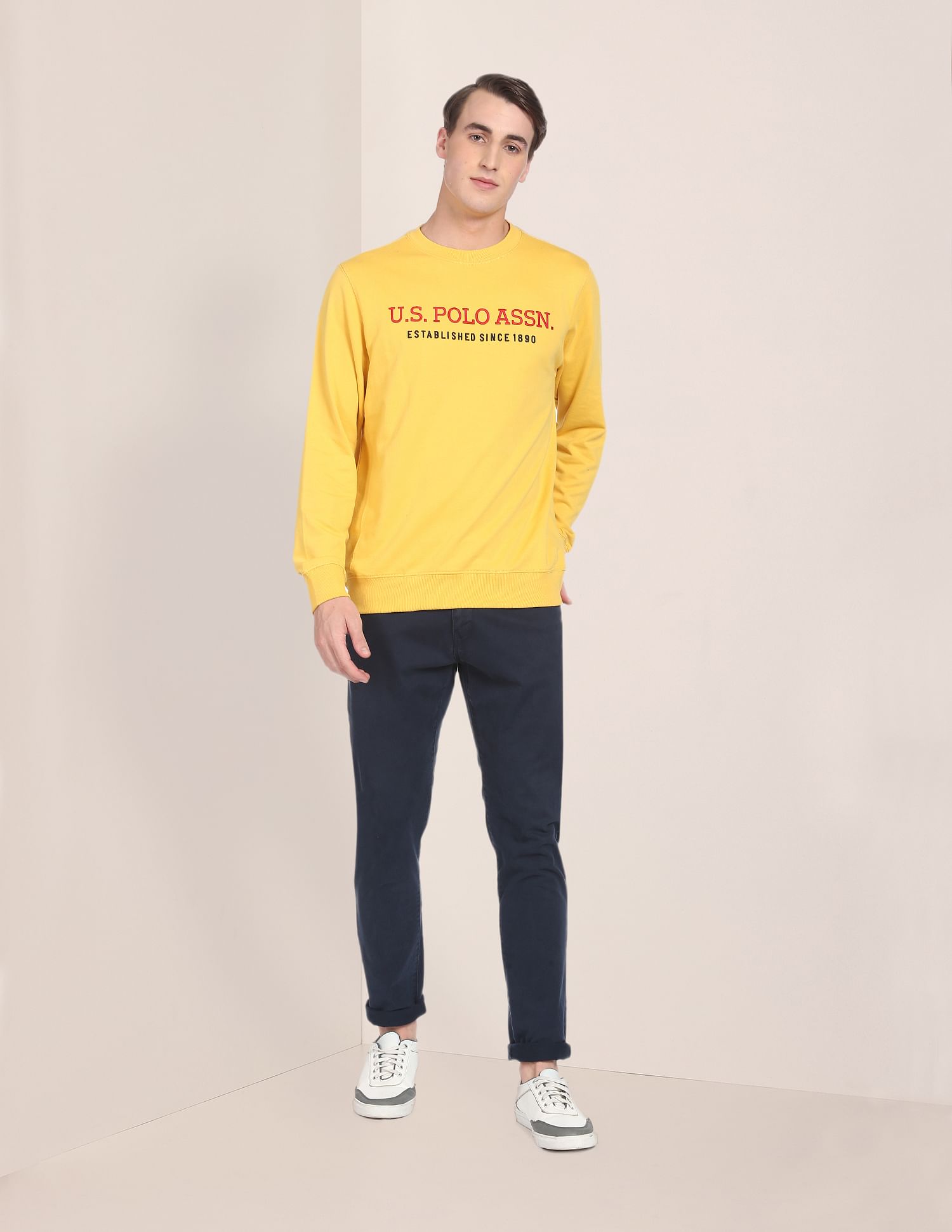Contrast Stripe Crew Neck Sweatshirt Yellow - U.S. Polo Assn. India | Large