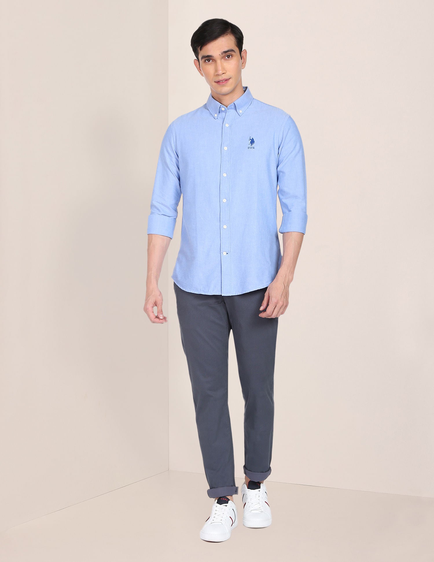 Men Blue Button-down Collar Solid Casual Shirt Light Blue - U.S. POLO ASSN. | Large