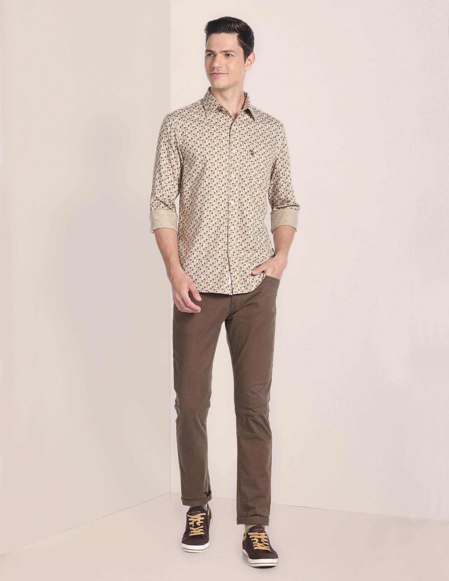 Geometric Print Dobby Shirt Beige - U.S. POLO ASSN. | Large