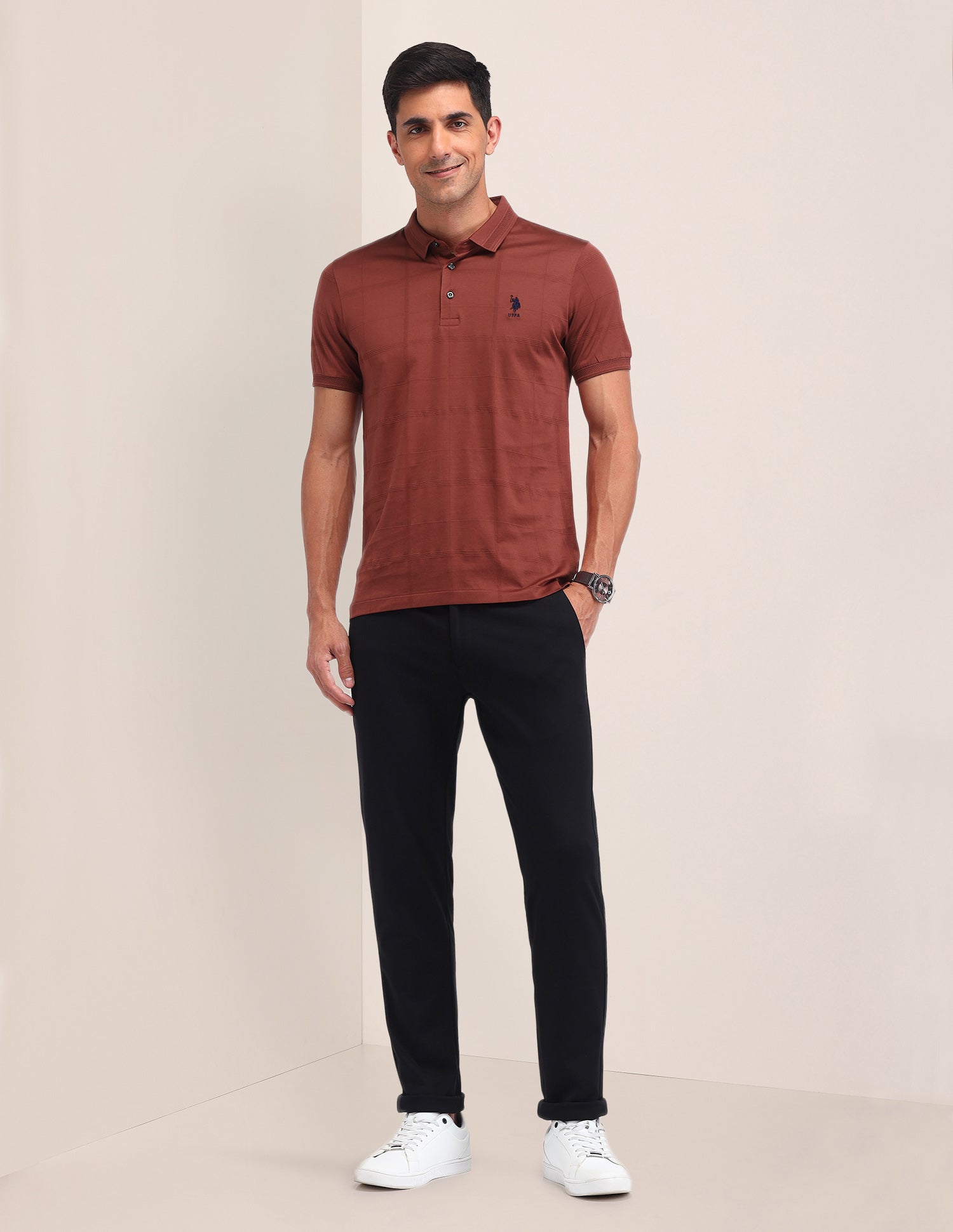 Textured Cotton Polo Shirt Rust - U.S. Polo Assn. India | Large