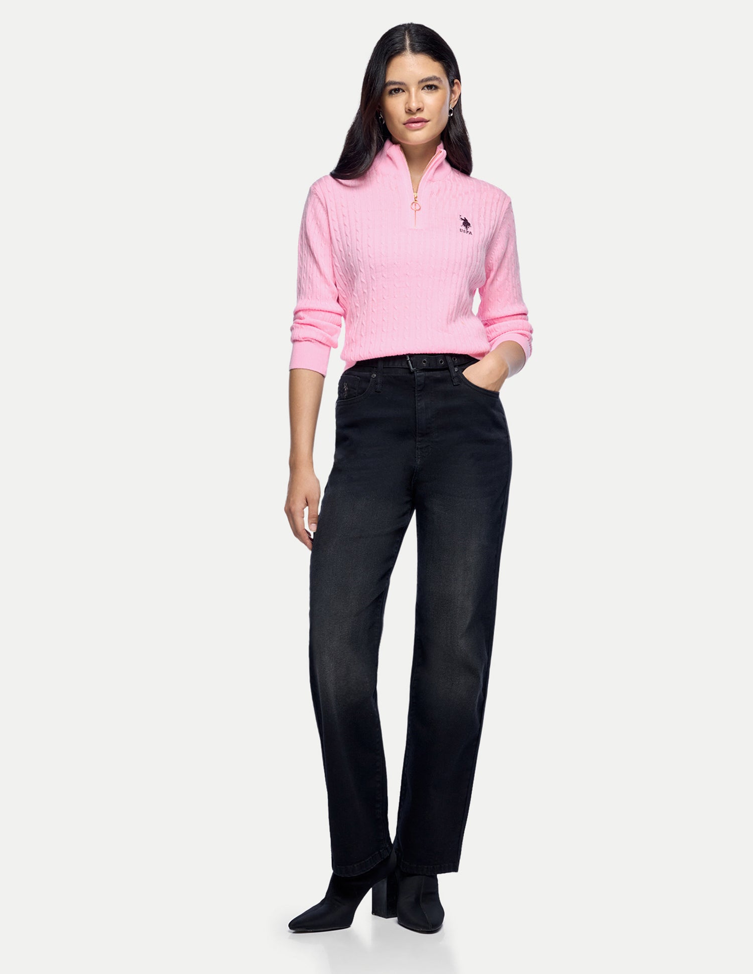 Cable Patterned Knit Regular Fit Sweater Pink - U.S. Polo Assn. India | Large