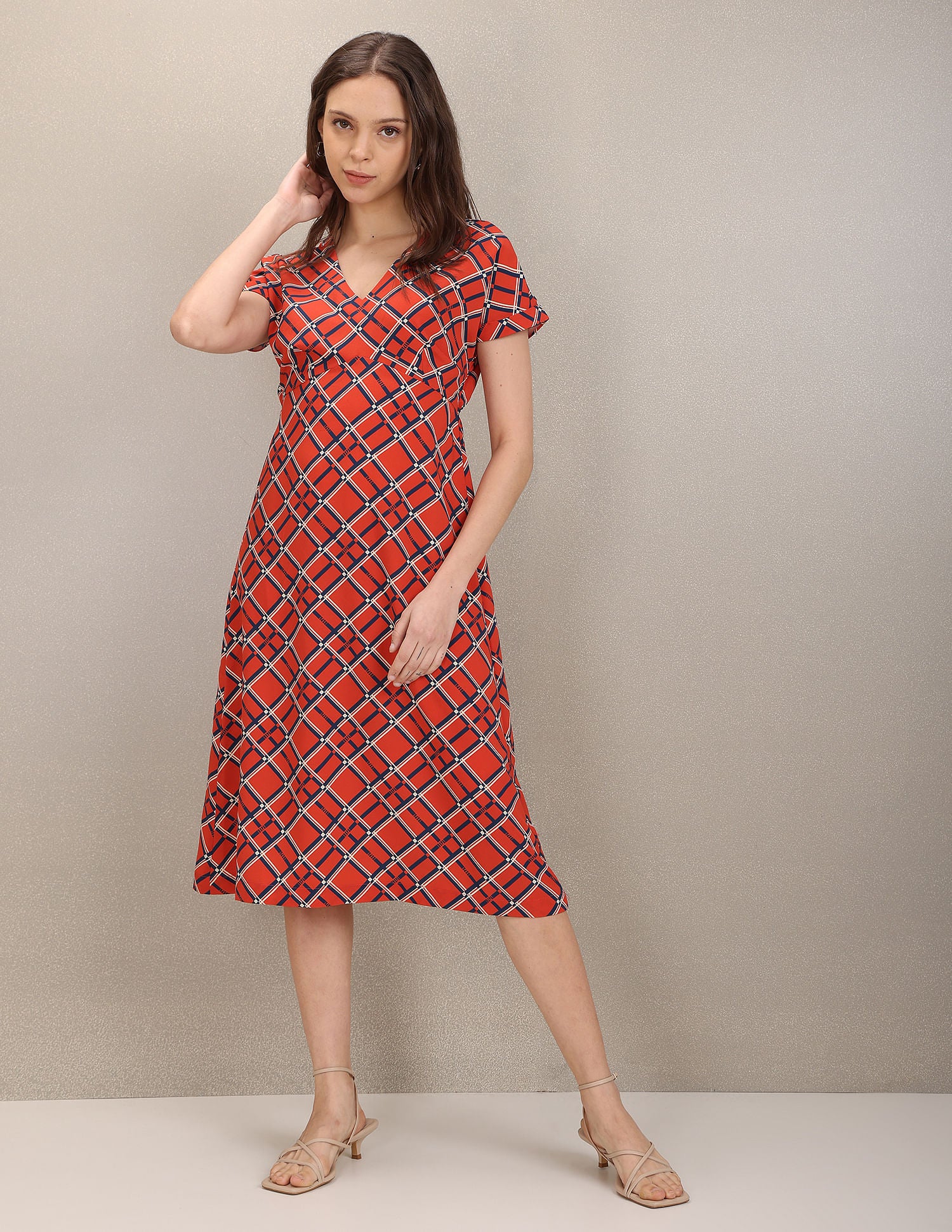 V-Neck Geometric Print Empire Waist Dress Rust - U.S. Polo Assn. India | Large