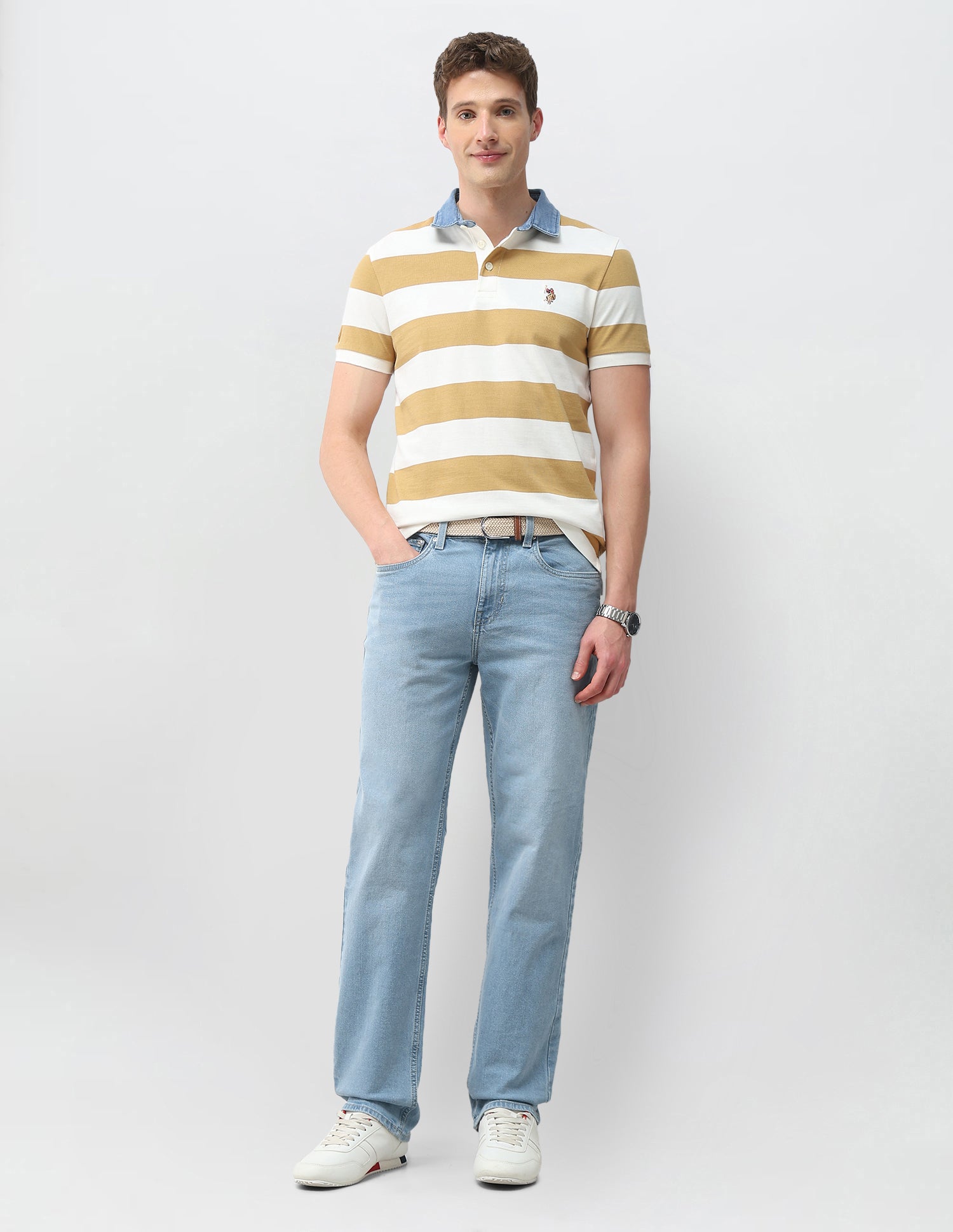 Horizontal Striped Muscle Fit Polo Shirt Mustard - U.S. Polo Assn. India | Large