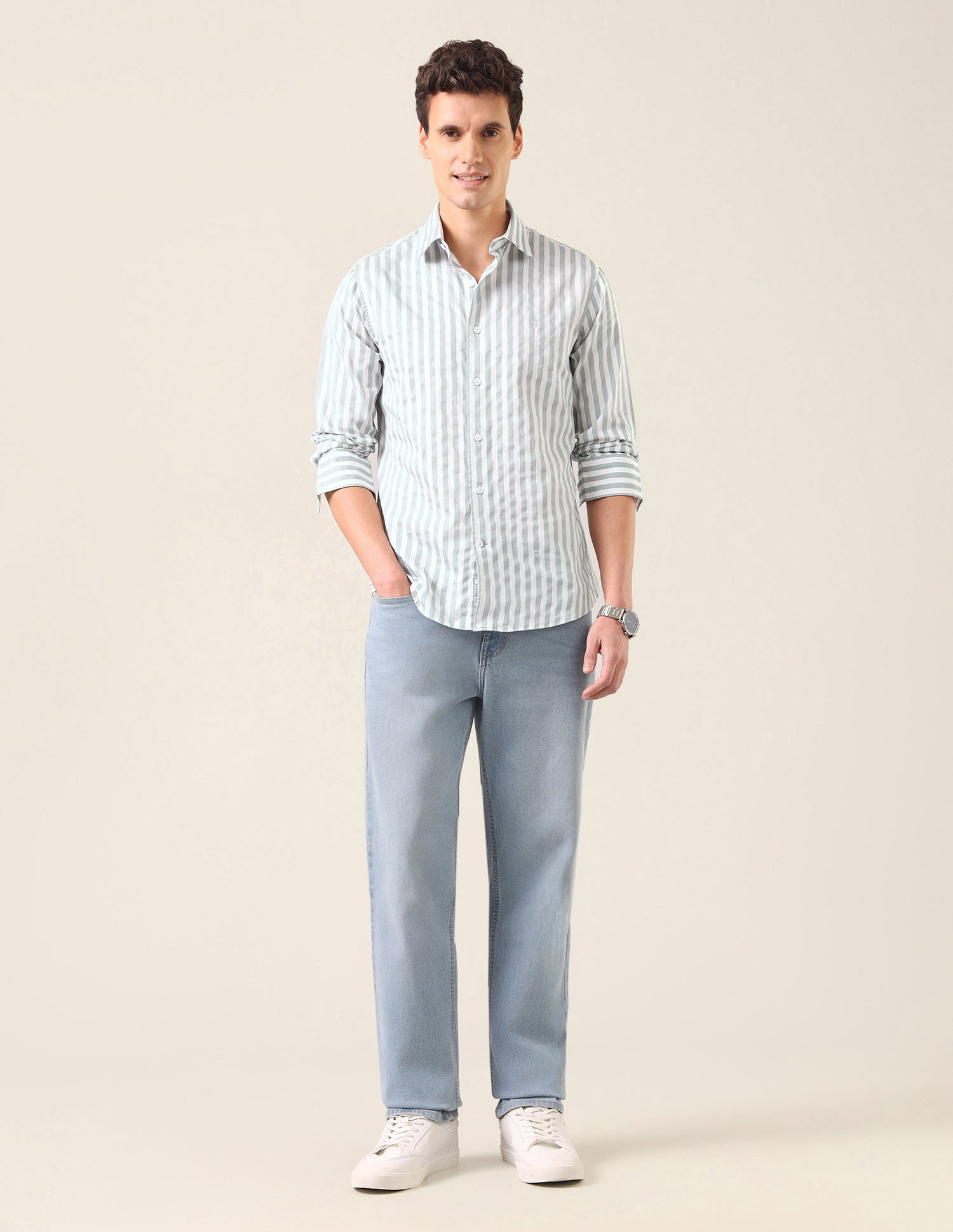 Vertical Striped Satin Shirt Light Green - U.S. Polo Assn. India | Large