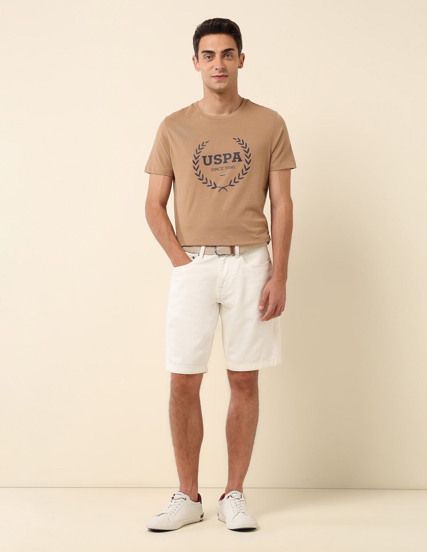 Brand Printed Pure Cotton T-Shirt Beige - U.S. POLO ASSN. | Large