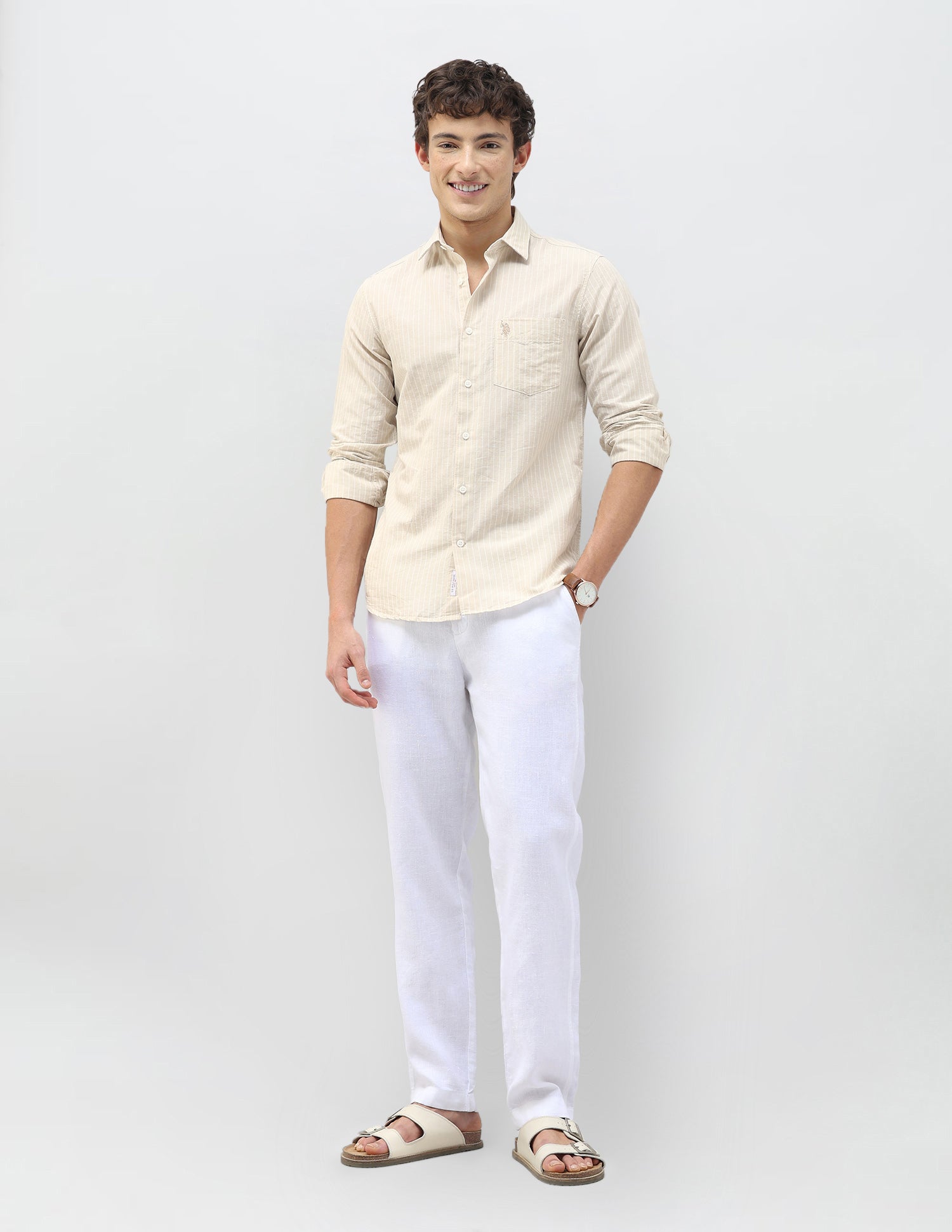 Vertical Striped Regular Fit Shirt Beige - U.S. Polo Assn. India | Large