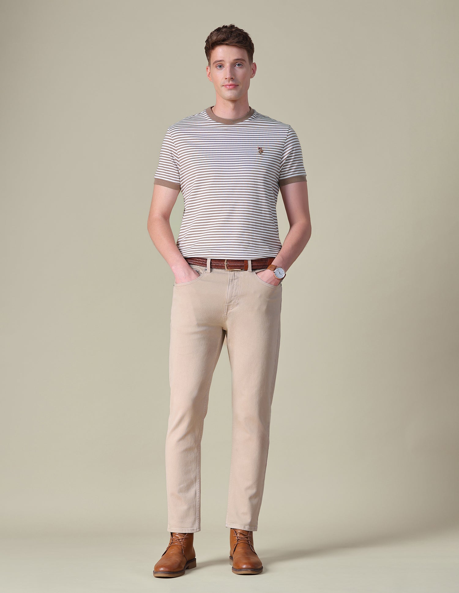 Horizontal Striped Slim Fit T-Shirt Light Brown - U.S. POLO ASSN. | Large