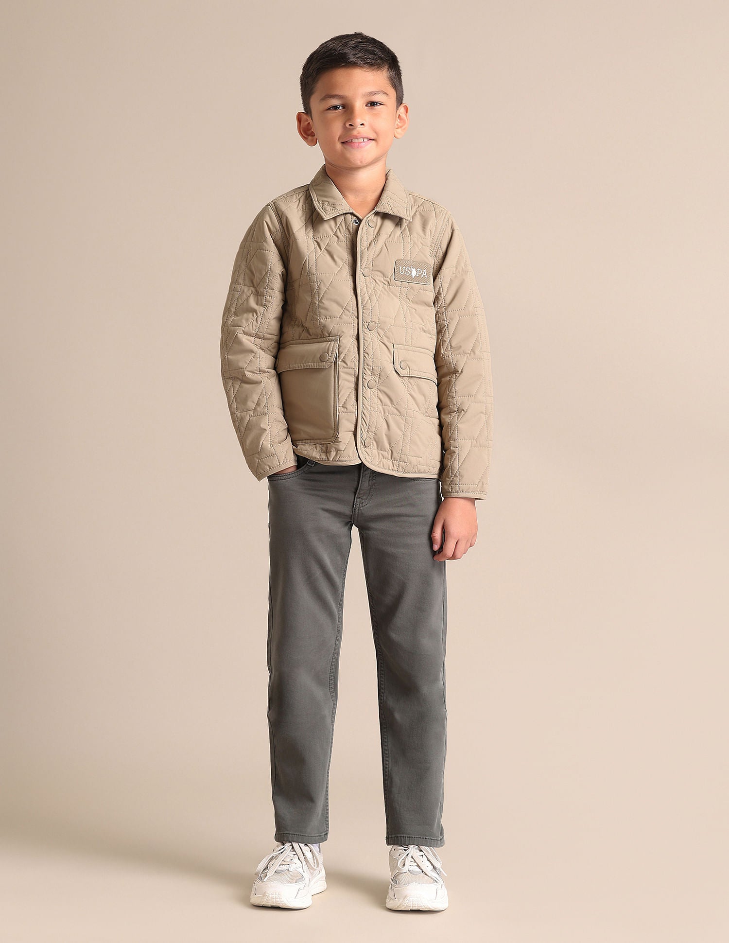 Boys Solid Spread Collar Jacket Beige - U.S. POLO ASSN. | Large