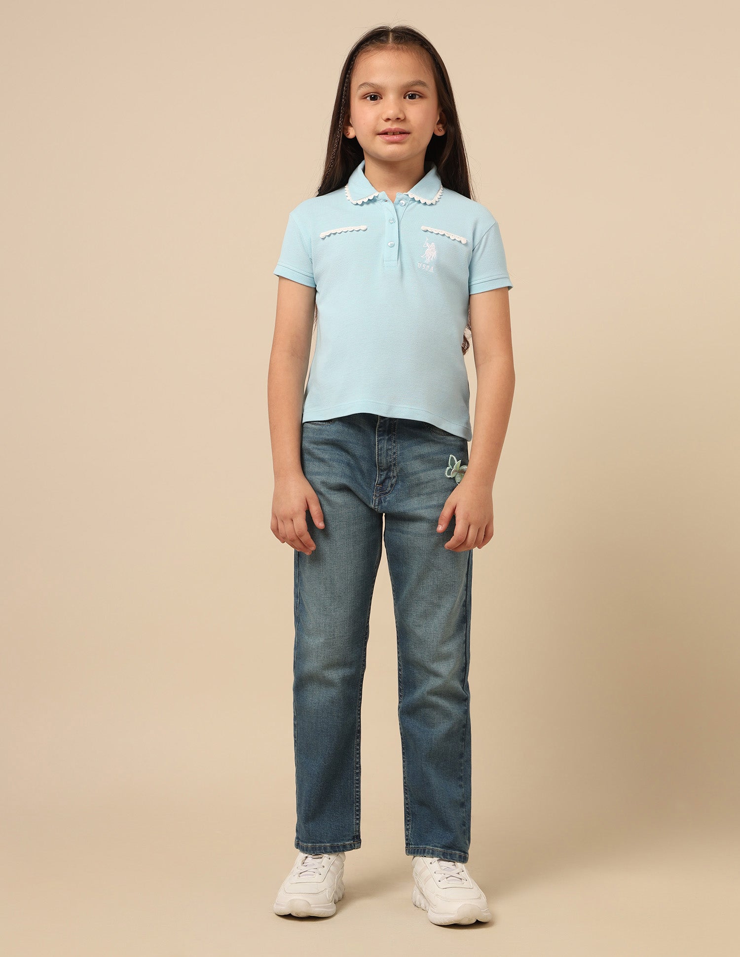 Girls Solid Lace Trim Top Light Blue - U.S. POLO ASSN. | Large