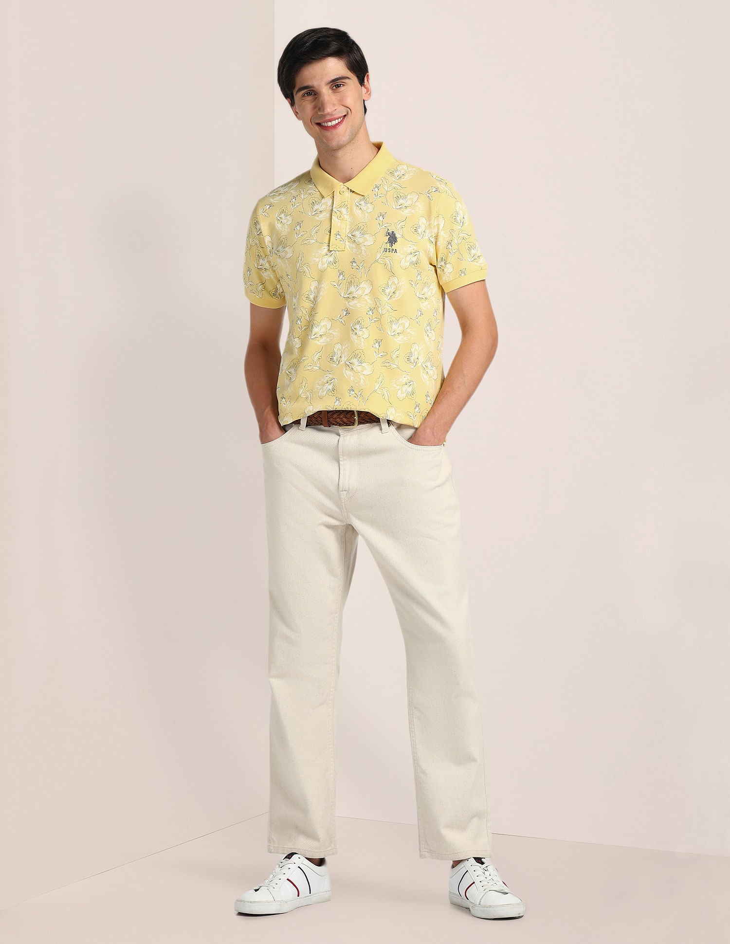Slim Fit Floral Print Polo Shirt Yellow - U.S. Polo Assn. India | Large