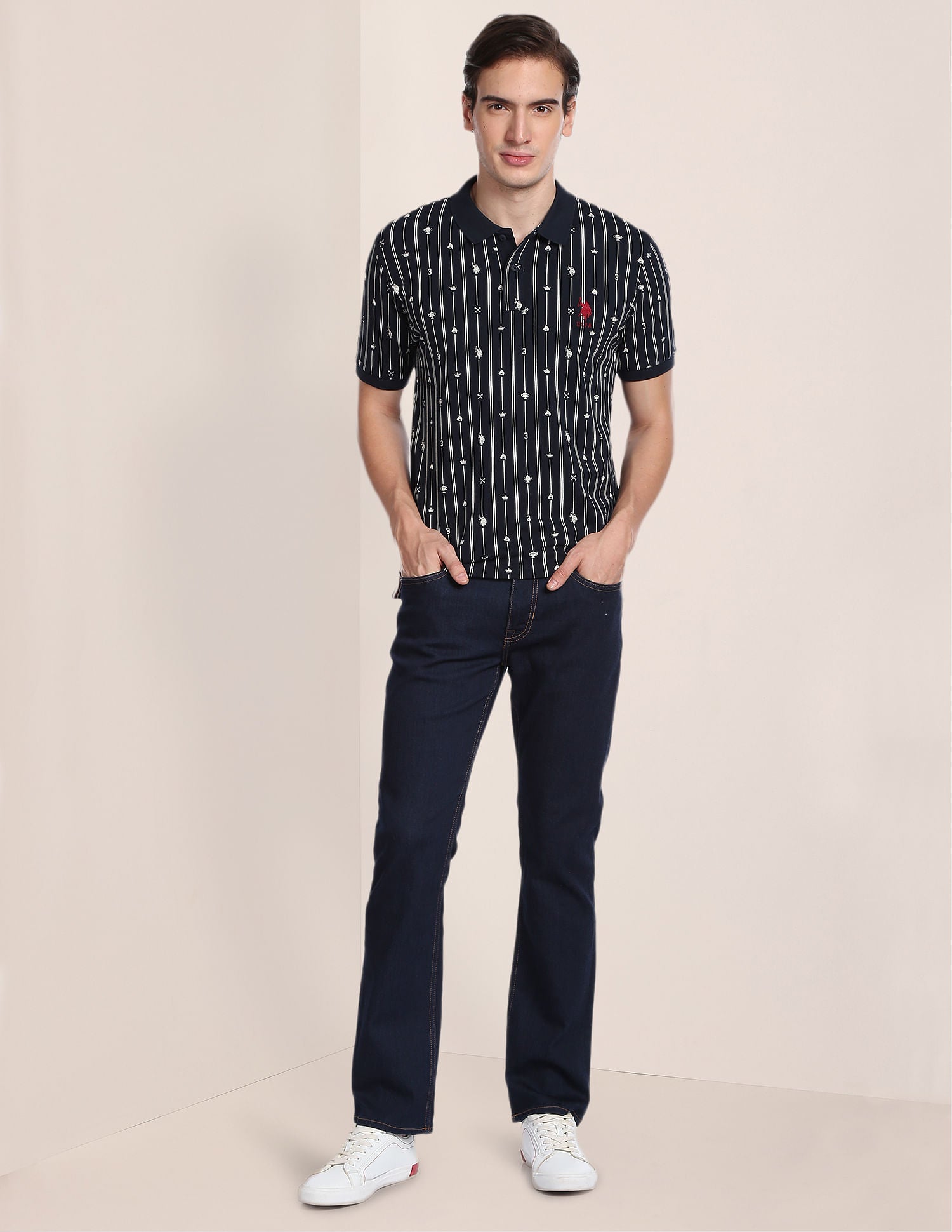 Graphic Print Striped Polo Shirt Navy - U.S. Polo Assn. India | Large