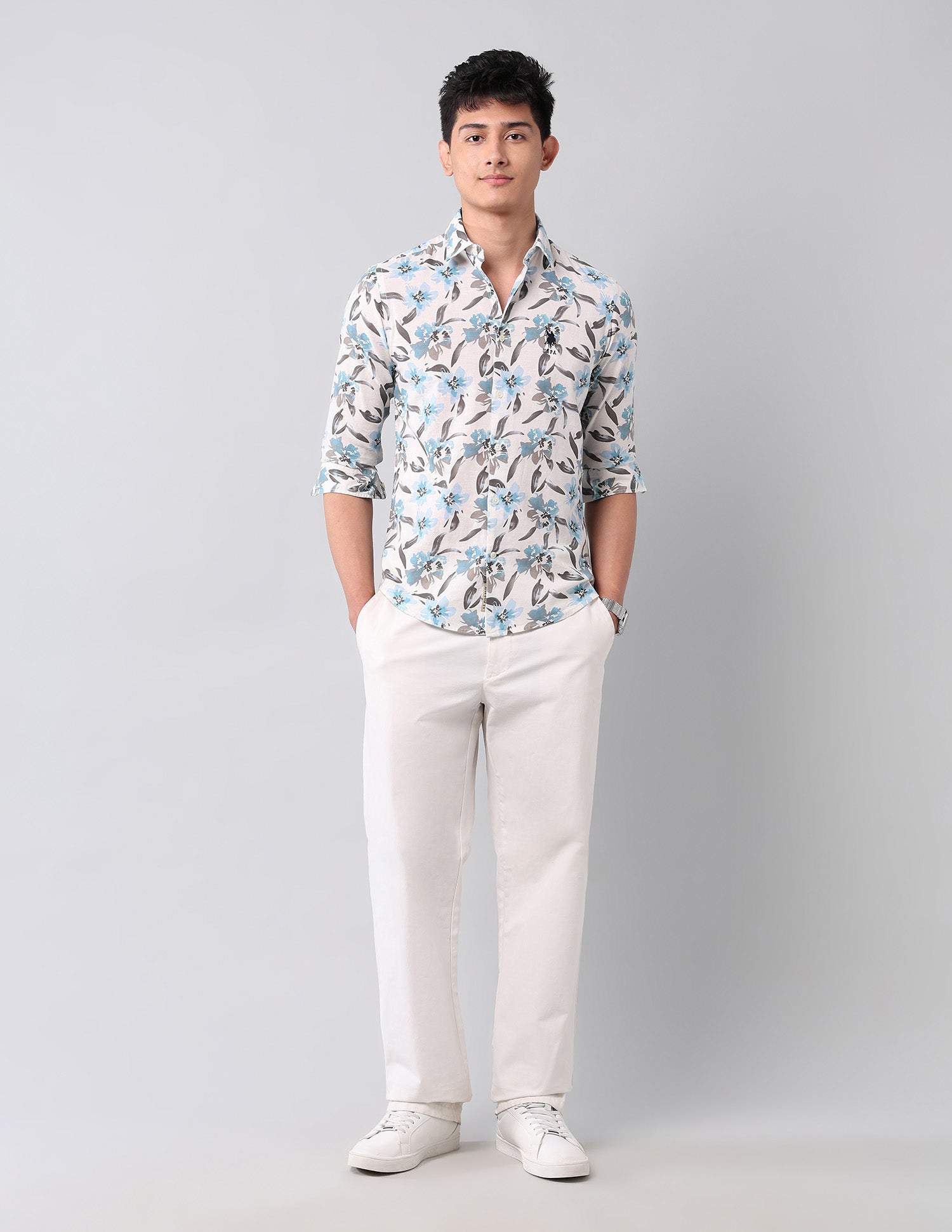 Floral Printed Pure Cotton Shirt Ivory - U.S. POLO ASSN. | Large