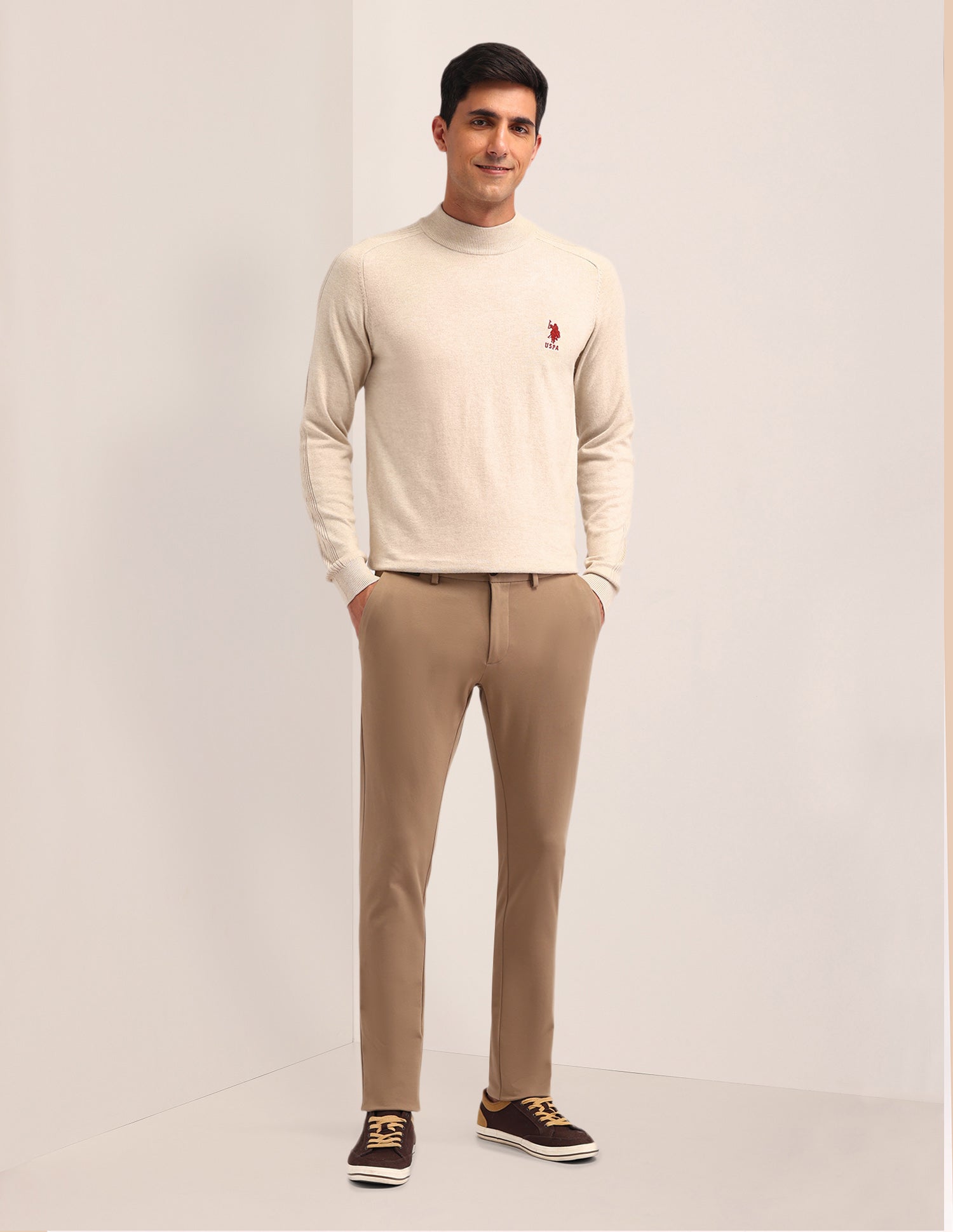 Textured Regular Fit Sweater Beige - U.S. Polo Assn. India | Large