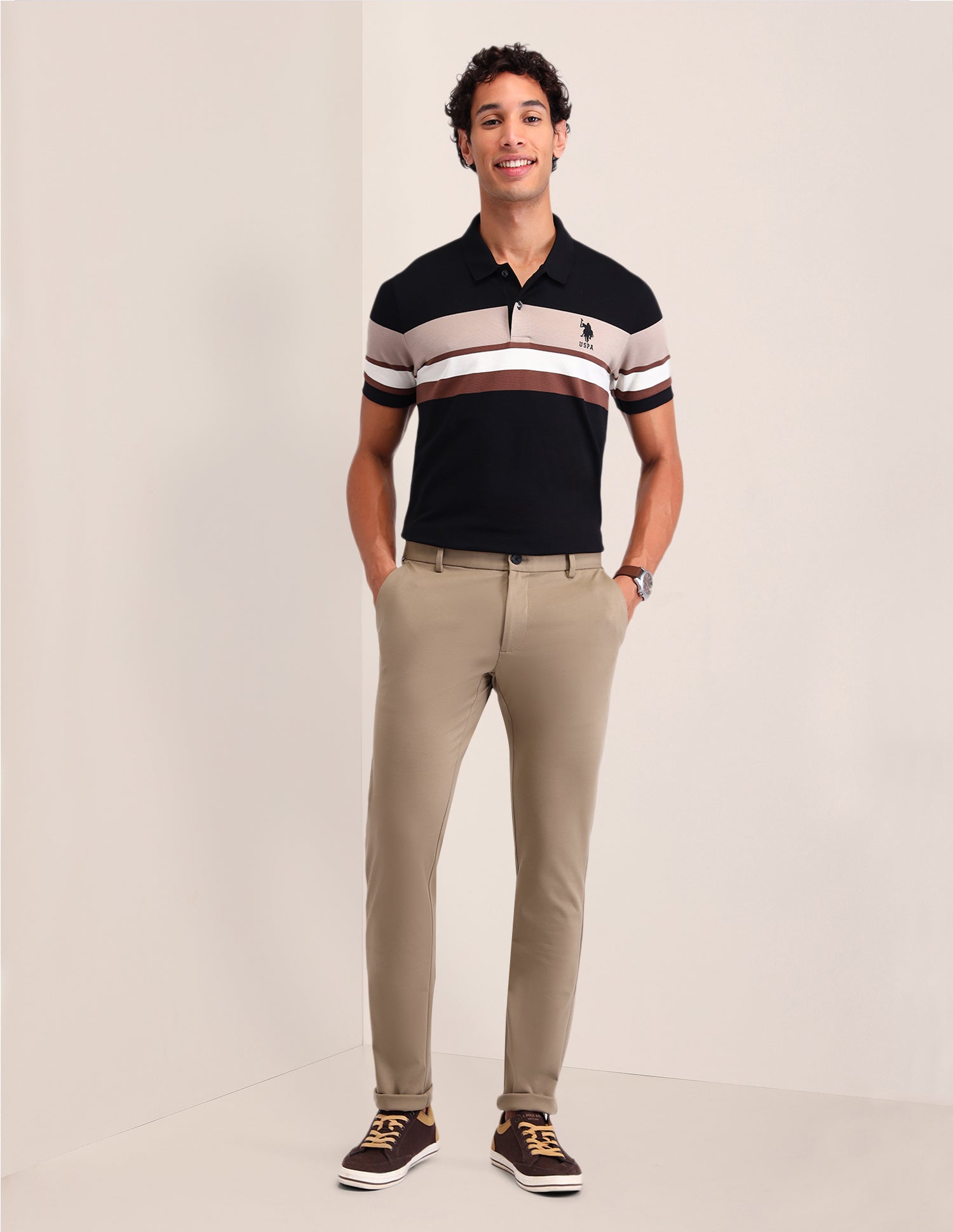 Austin Slim Fit Solid Trousers Khaki - U.S. Polo Assn. India | Large