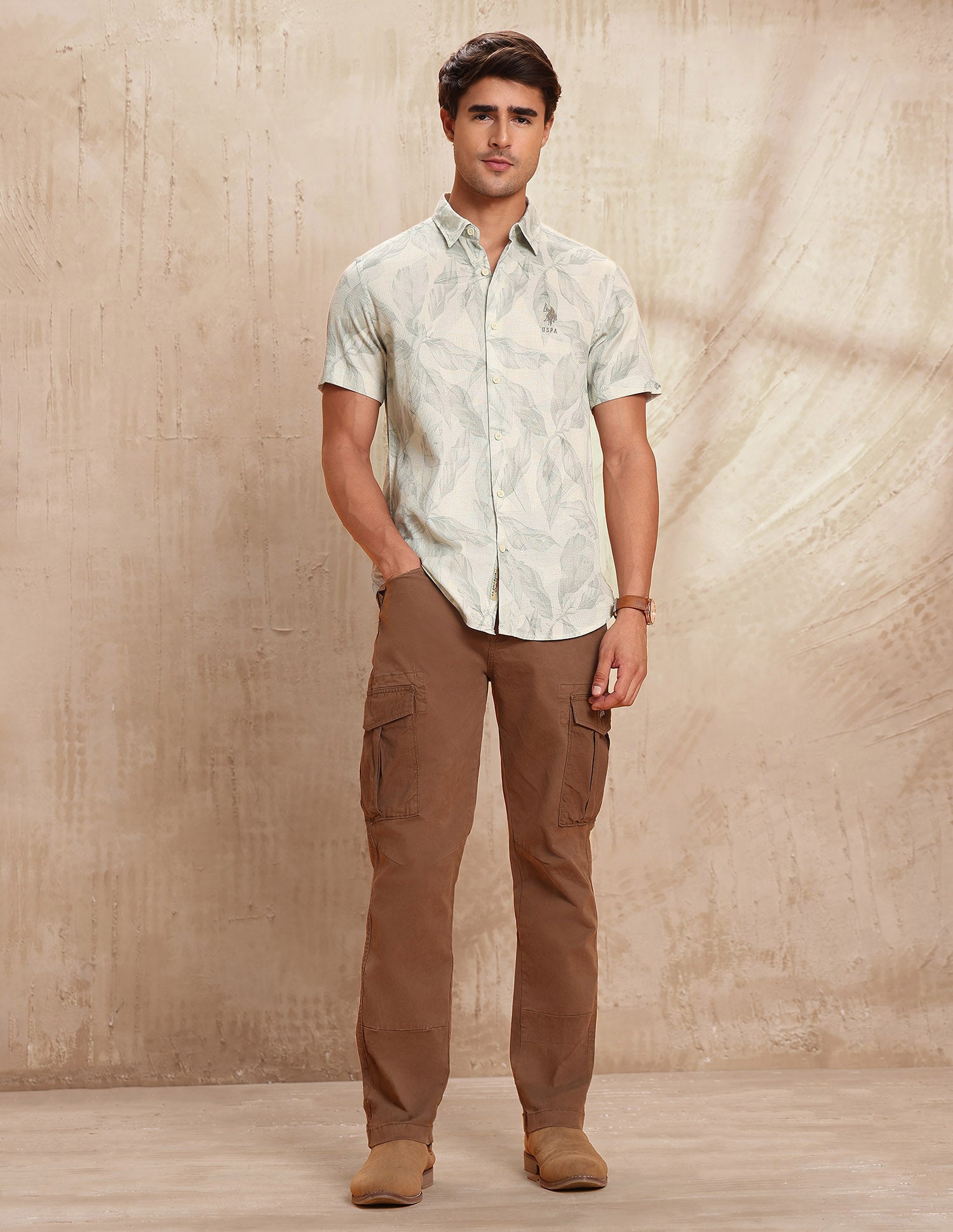 Slim Fit Tropical Printed Shirt Beige - U.S. POLO ASSN. | Large