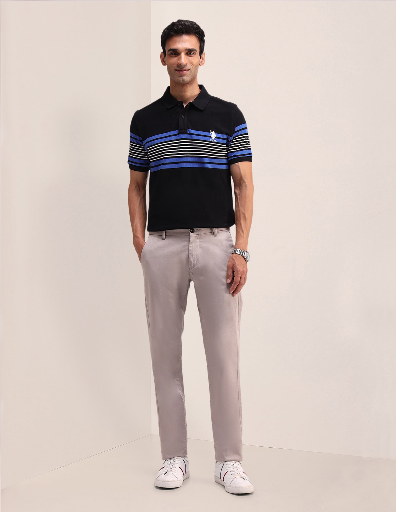 Horizontal Striped Cotton Polo Shirt Black - U.S. Polo Assn. India | Large