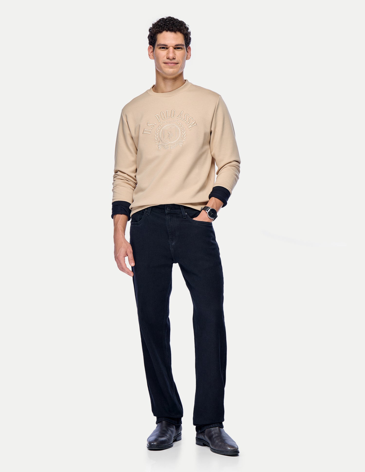Brand Embroidered Slim Fit Sweatshirt Beige - U.S. Polo Assn. India | Large