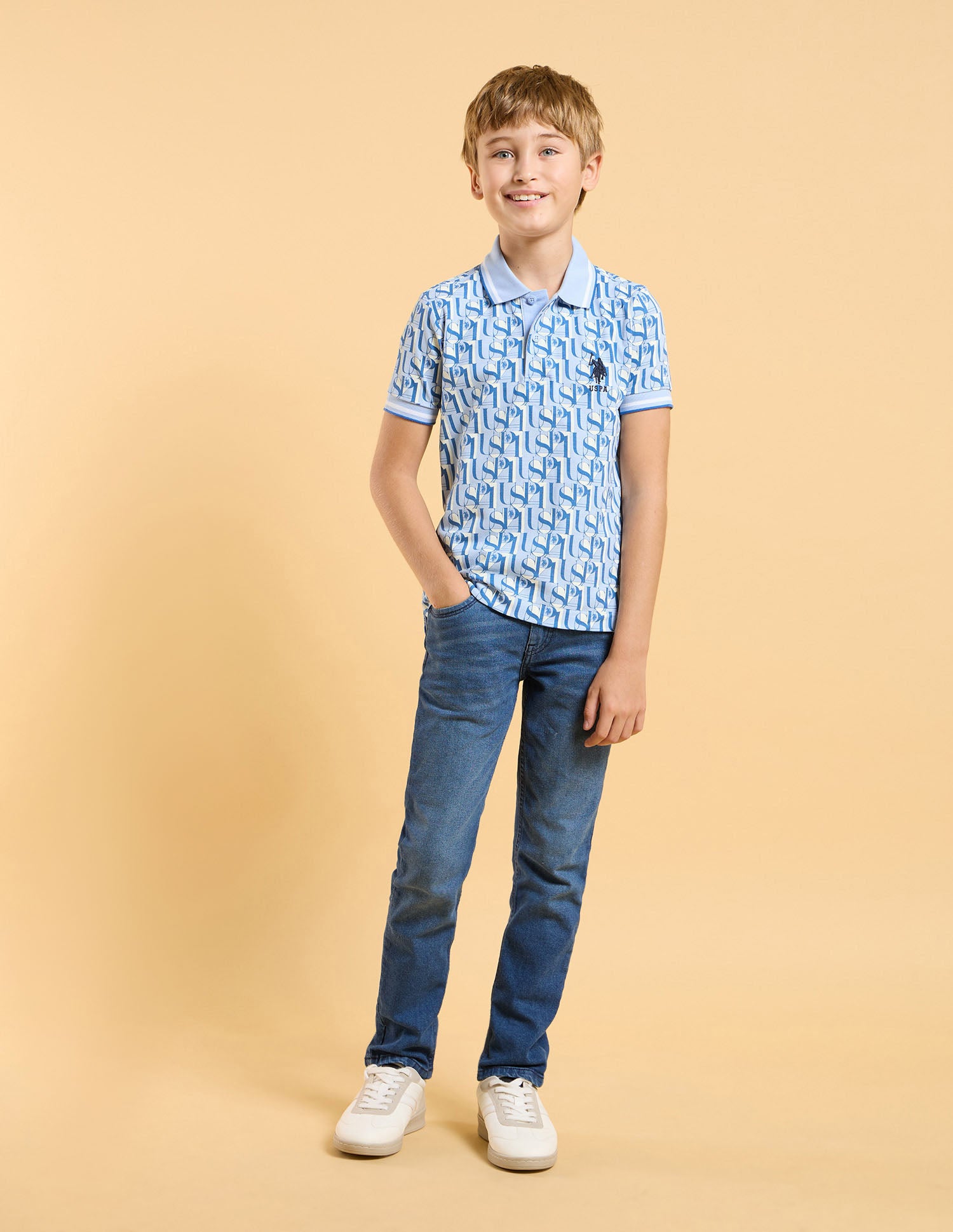 Boys All Over Printed Regular Fit Polo Shirt Blue - U.S. POLO ASSN. | Large