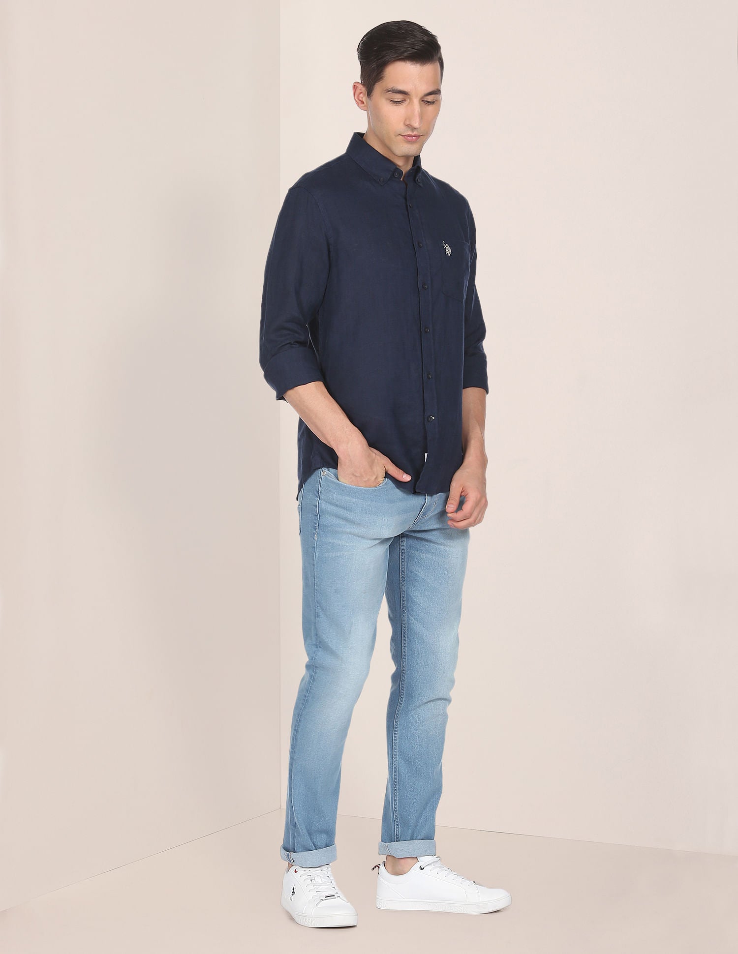 Solid Linen Casual Shirt Navy - U.S. Polo Assn. India | Large